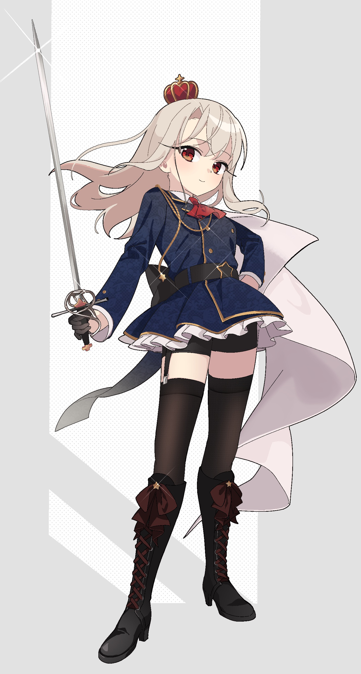 akaneko016, illyasviel von einzbern, fate/grand order, fate/kaleid liner prisma illya, fate (series), absurdres, highres, 1girl, ascot, back bow, belt, bike shorts, black belt, black boots, black bow, black gloves, black shorts, black thighhighs, blue jacket, blush, boots, border, bow, buttons, cape, closed mouth, collared shirt, crown, eyelashes, floating hair, frills, full body, garter belt, gloves, grey border, grey hair, hair between eyes, hand on own hip, high heel boots, high heels, holding, holding sword, holding weapon, jacket, lapels, long hair, long sleeves, looking at viewer, mini crown, outside border, polka dot, polka dot background, red ascot, red bow, red eyes, shirt, shorts, sidelocks, smile, solo, sparkle, standing, star (symbol), star ornament, sword, thighhighs, weapon, white background, white cape, white shirt