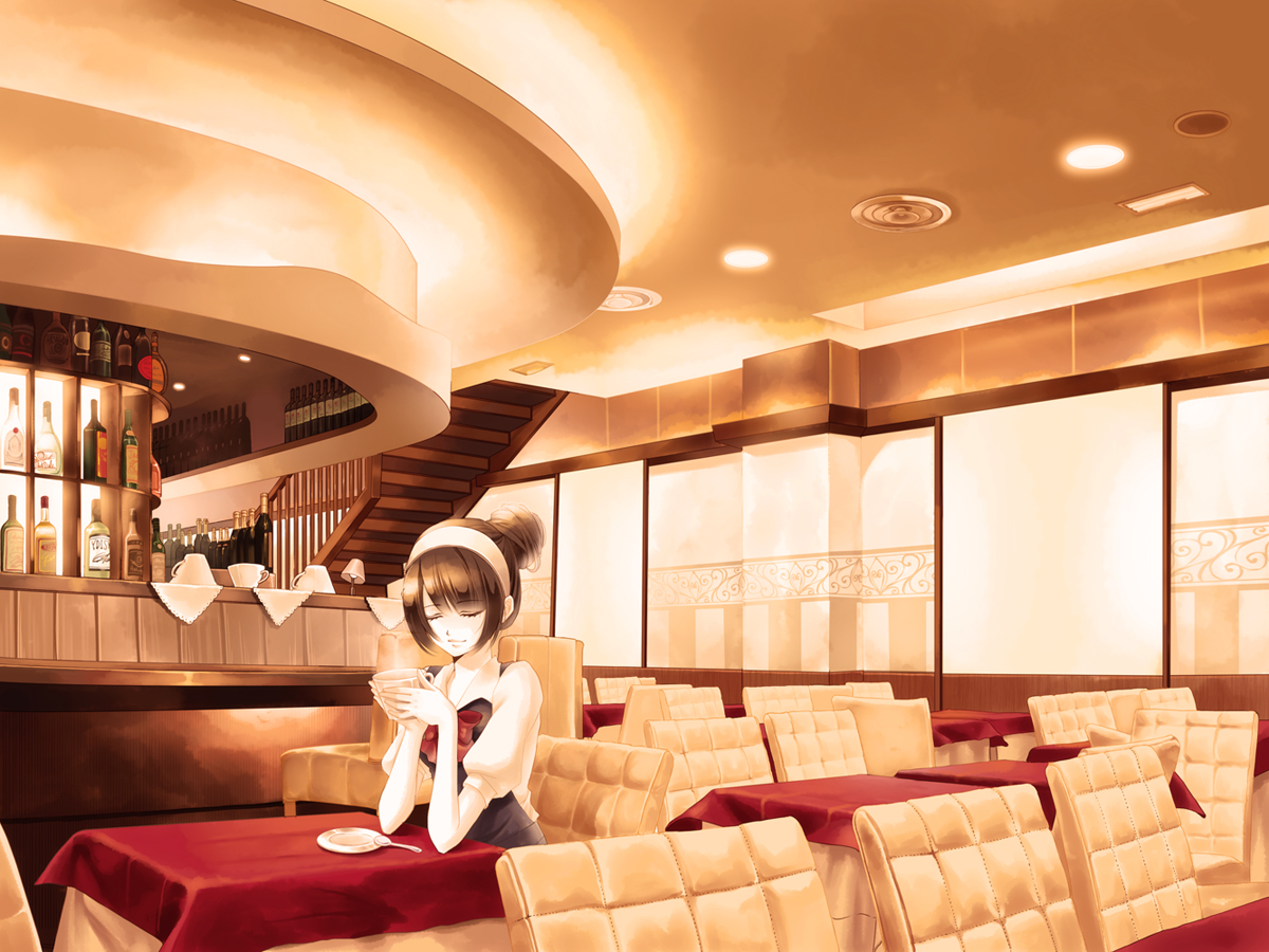 okuma mai, bad id, bad pixiv id, 1girl, brown hair, cafe, closed eyes, cup, female focus, hairband, indoors, sitting, solo, table, tea