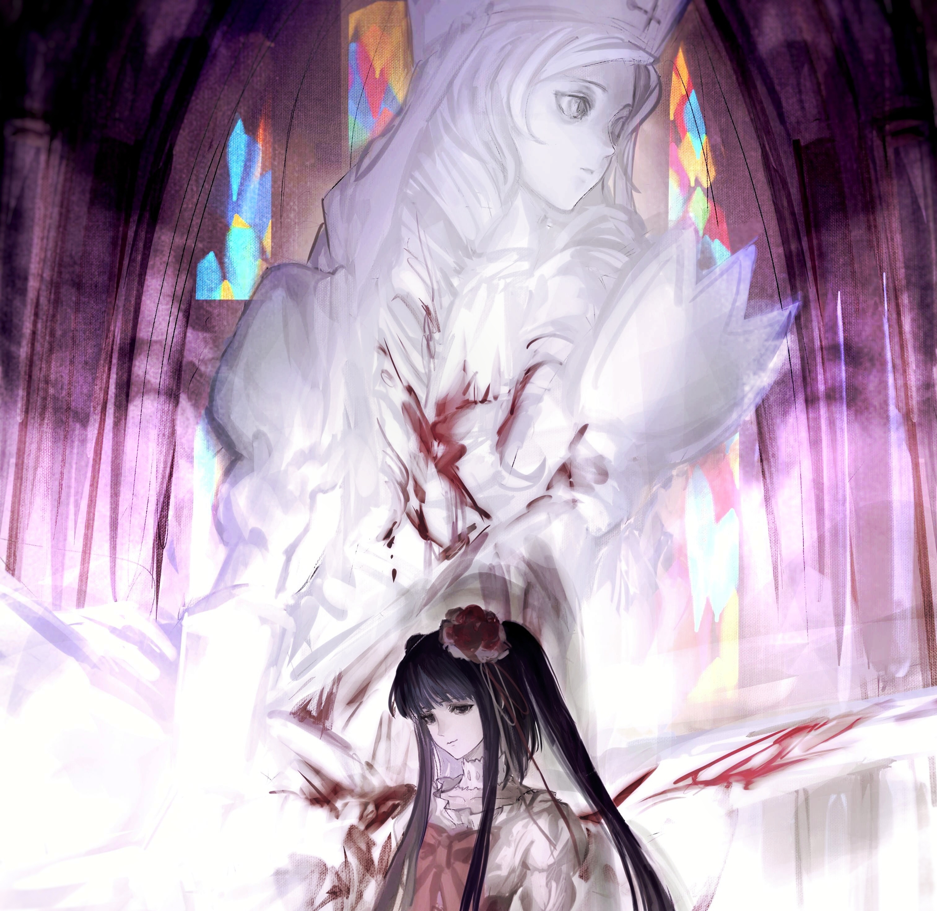 nnightcruising, dlanor a. knox, furudo erika, umineko no naku koro ni, absurdres, highres, 2girls, black eyes, black hair, blood, blood on clothes, blunt bangs, bow, bowtie, choker, drill hair, facing to the side, frilled shirt collar, frills, half-closed eyes, light smile, long hair, long sidelocks, looking ahead, looking at viewer, multiple girls, partially colored, pink bow, pink bowtie, puffy sleeves, sidelocks, stained glass, surreal, twin drills, twintails, upper body, white choker