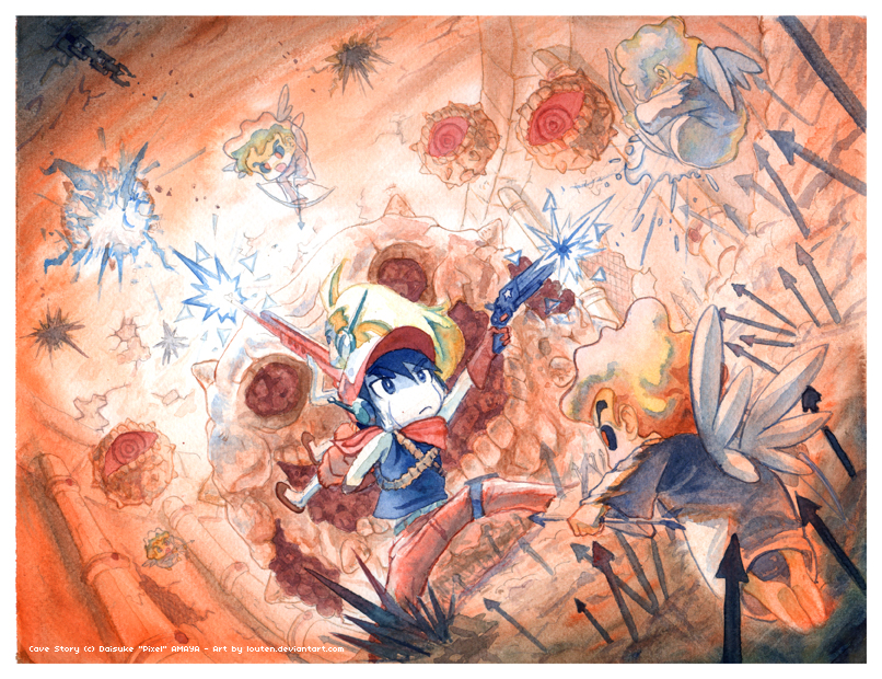 louten, ballos, curly brace, quote (cave story), doukutsu monogatari, painting (medium), spoilers, traditional media, watercolor (medium), 1boy, 1girl, android, arrow (projectile), back-to-back, battle, bow (weapon), carrying, cupid, good end, gun, rifle, weapon