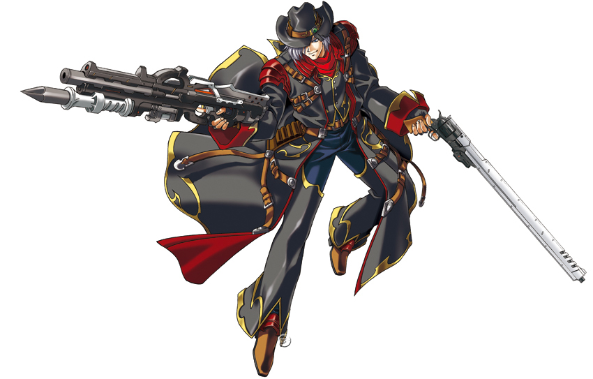 harken browning, banpresto, super robot wars, super robot wars og saga mugen no frontier, official art, 1boy, belt, blue eyes, cowboy, cowboy hat, cowboy western, dual wielding, fingerless gloves, full body, gloves, grey hair, gun, handgun, hat, holding, long coat, male focus, pile bunker, revolver, solo, weapon, western
