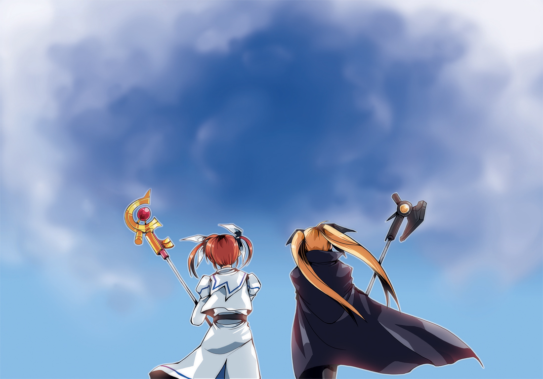 clipe, bardiche (assault form) (nanoha), bardiche (nanoha), fate testarossa, raising heart, raising heart (accel mode), takamachi nanoha, lyrical nanoha, mahou shoujo lyrical nanoha, 00s, 2girls, blonde hair, brown hair, multiple girls, twintails, wind