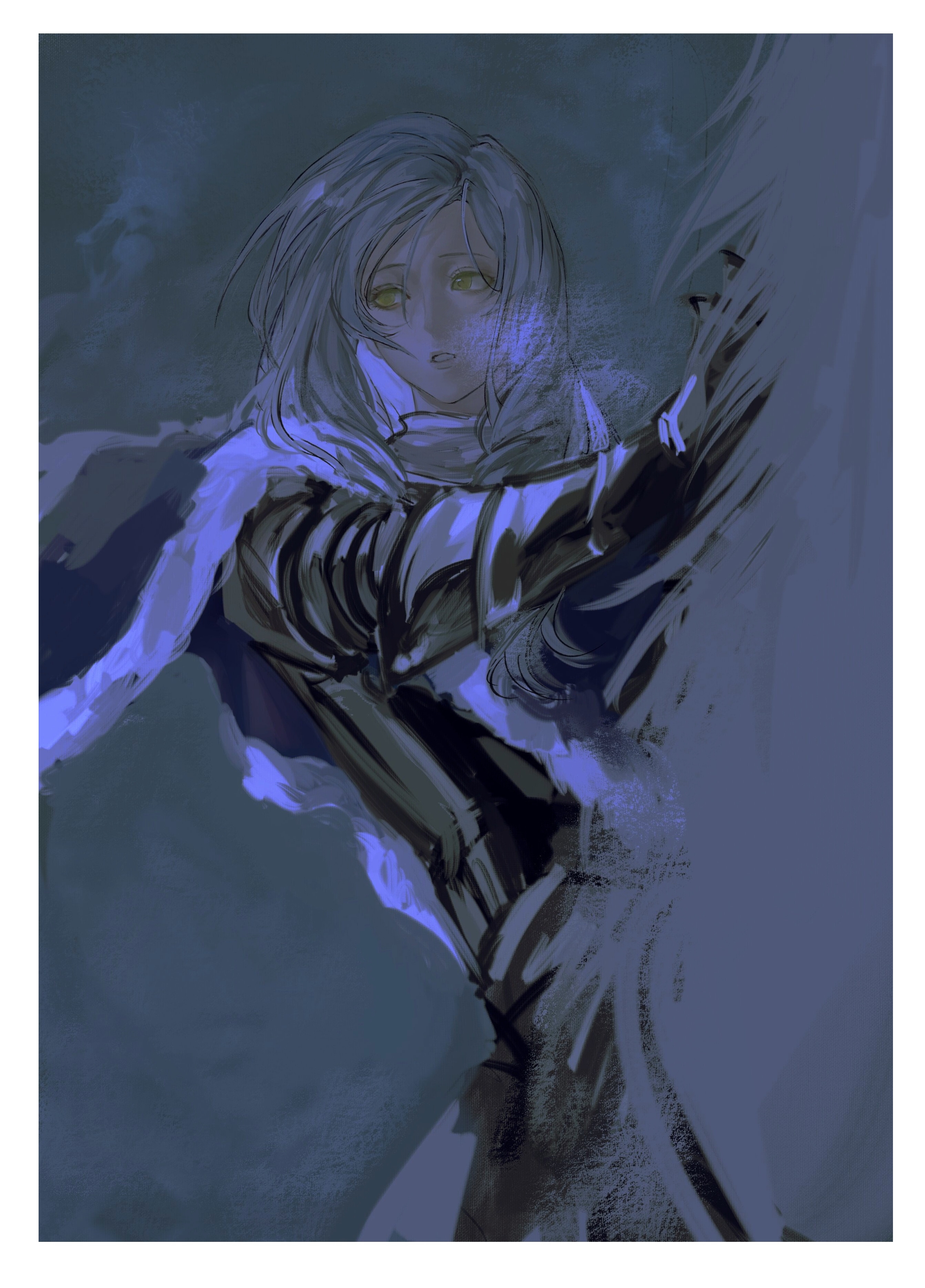 nnightcruising, dlanor a. knox, umineko no naku koro ni, absurdres, highres, 1girl, alternate costume, armor, blue cape, cape, fur-trimmed cape, fur trim, horseback riding, knight, looking to the side, parted lips, riding, solo, upper body, wavy hair, white hair, yellow eyes