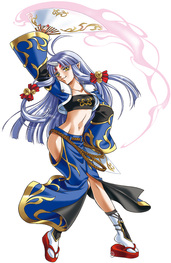 kouno sachiko, suzuka hime, banpresto, super robot wars, super robot wars og saga mugen no frontier, official art, 1girl, ahoge, antenna hair, arm up, bandeau, bell, belt, blue hair, blunt bangs, clothing cutout, crop top, dancer, dual wielding, facial mark, female focus, flat chest, forehead mark, geta, hair bell, hair ornament, hair ribbon, hand fan, head tilt, hip vent, holding, horns, jingle bell, long hair, long skirt, midriff, nail polish, navel, okobo, platform sandals, pointy ears, red nails, ribbon, sandals, shoe dangle, side slit, sidelocks, simple background, single horn, skirt, smile, socks, solo, standing, strapless, table, tiptoes, tube top, watermark, white background, wide sleeves, yellow eyes