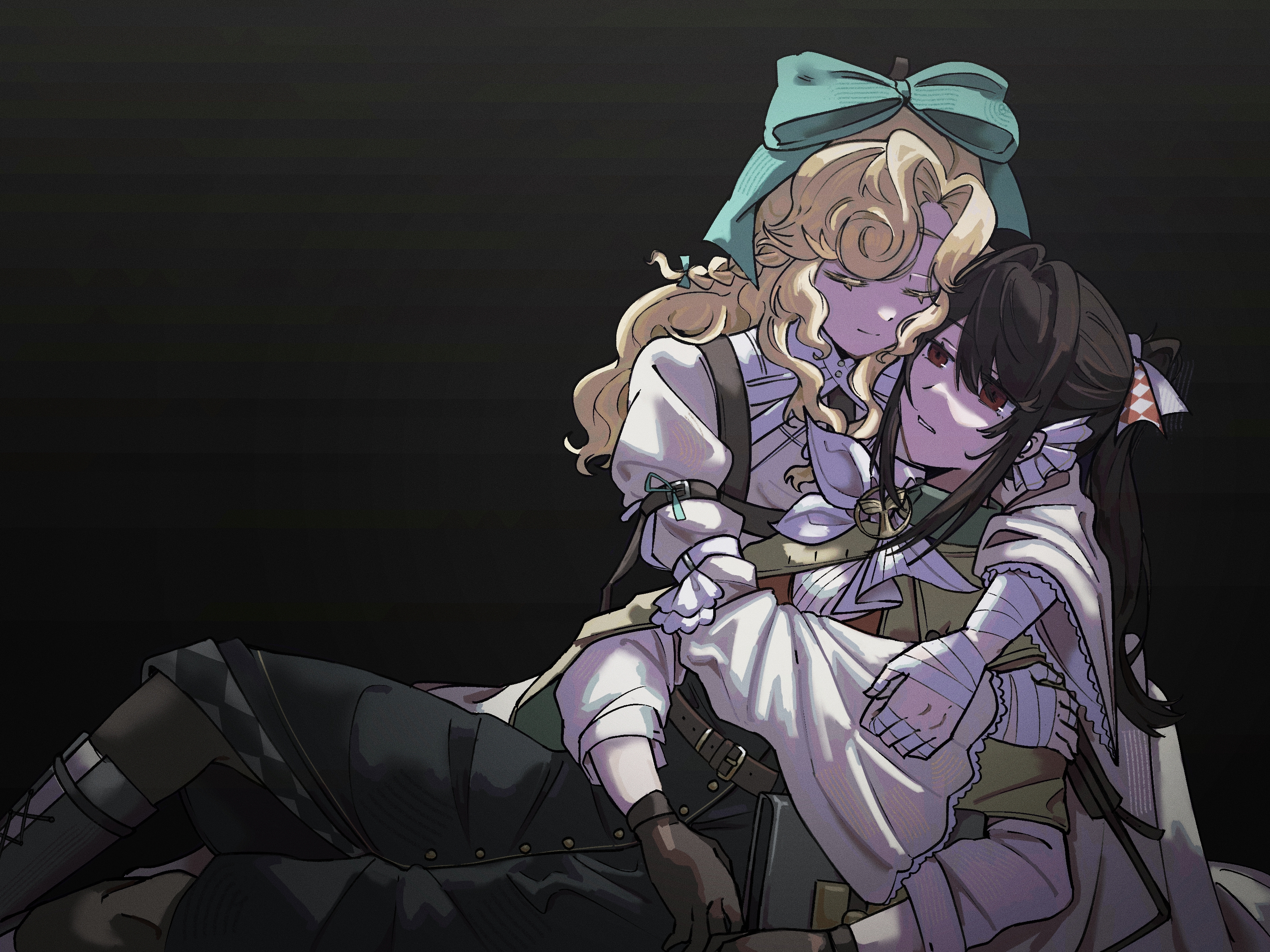lorelei (reverse:1999), semmelweis (reverse:1999), reverse:1999, absurdres, highres, 2girls, aqua bow, arm around shoulder, bandaged arm, bandaged hand, bandages, black background, black boots, black gloves, black hair, black pantyhose, black skirt, blonde hair, boots, bow, brown cape, cape, closed eyes, dress, feet out of frame, gloves, hair bow, hug, interboat, juliet sleeves, long hair, long skirt, long sleeves, looking at another, lying, lying on person, multiple girls, neckerchief, pantyhose, parted lips, ponytail, puffy sleeves, red eyes, shirt, skirt, white dress, white neckerchief, white shirt, yuri