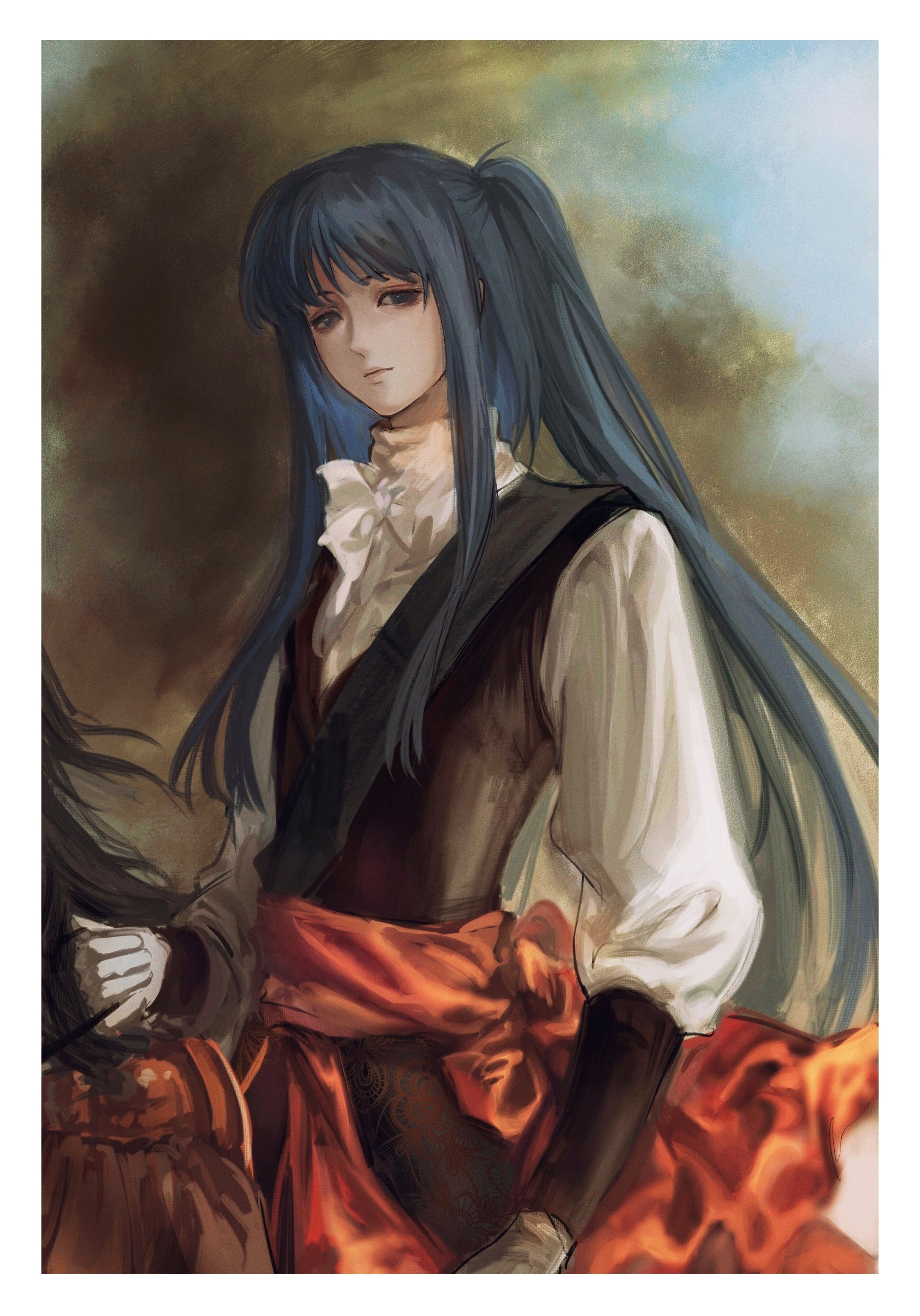 nnightcruising, furudo erika, umineko no naku koro ni, absurdres, clothing request, highres, 1girl, alternate costume, black vest, blue eyes, blue hair, bow, bowtie, downturned eyes, floating hair, gloves, light smile, long sidelocks, looking at viewer, no pupils, puffy sleeves, shirt, sidelocks, solo, twintails, upper body, vest, white bow, white bowtie, white gloves, white shirt