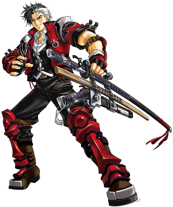 arisu reiji, banpresto, capcom, namco, namco x capcom, super robot wars, super robot wars og saga mugen no frontier, uniform, official art, 1boy, belt, fingerless gloves, full body, gloves, gun, katana, male focus, multicolored hair, red eyes, simple background, solo, sword, two-tone hair, weapon