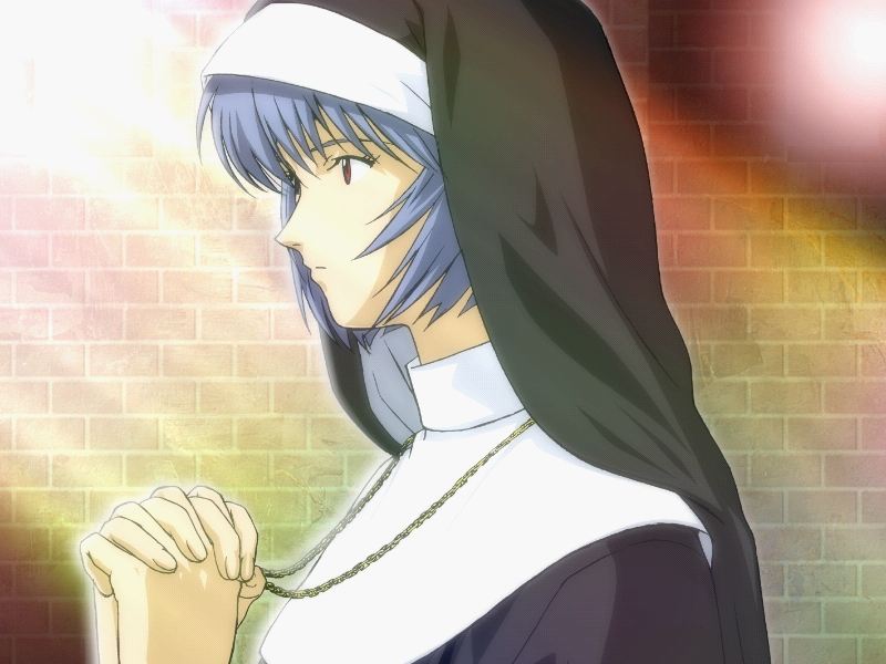 ayanami rei, ayanami raising project, neon genesis evangelion, habit, game cg, 1girl, blue hair, female focus, jewelry, lens flare, necklace, nun, praying, red eyes, solo, traditional nun