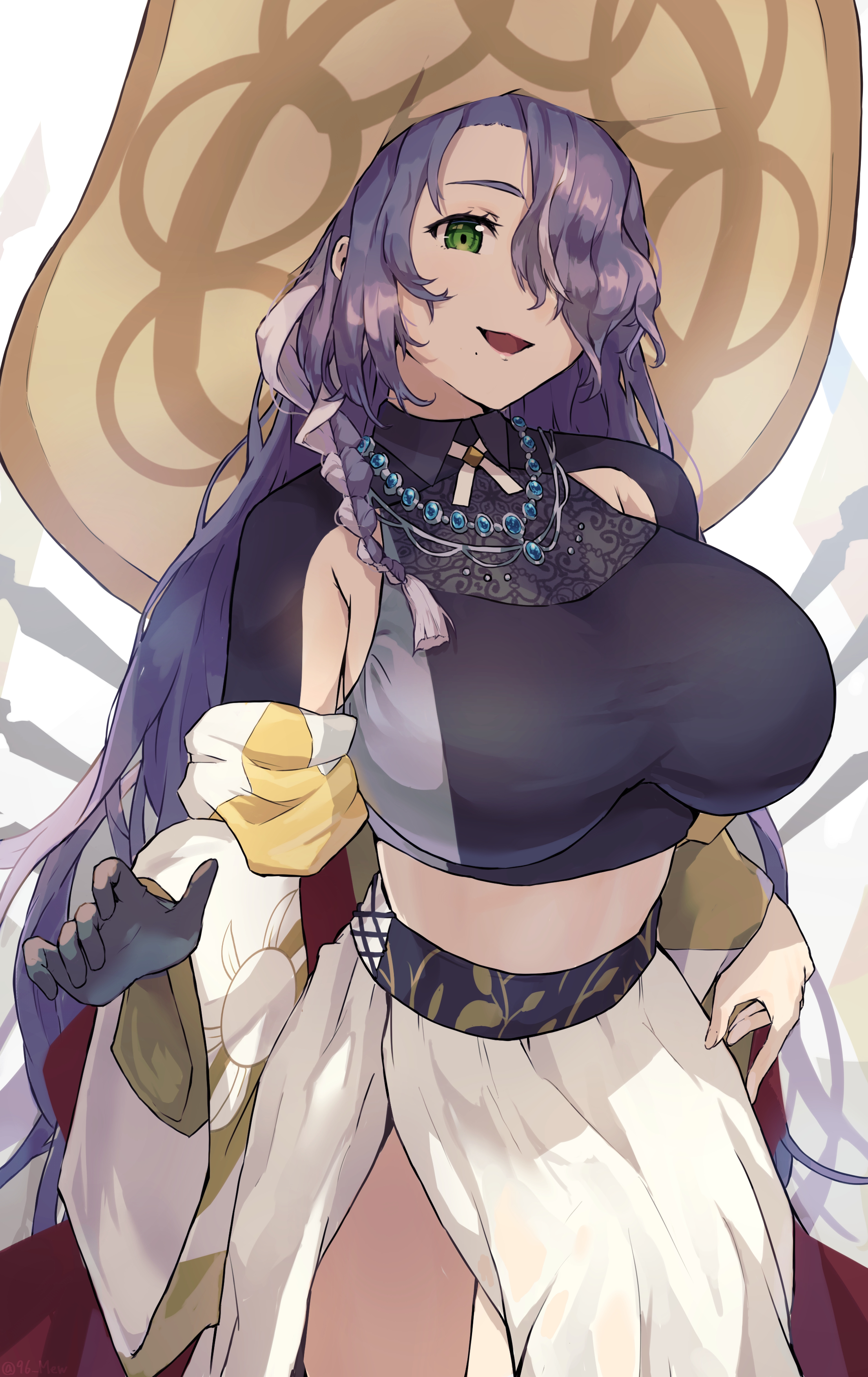 kuronyan9630, largamente (monster strike), monster strike, absurdres, highres, 1girl, breasts, eyelashes, green eyes, hair over eyes, hat, huge breasts, jewelry, long hair, midriff, necklace, open mouth, ribbon, simple background, skirt, solo, standing, thighs