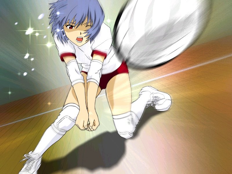 ayanami rei, neon genesis evangelion, 1girl, ball, blue hair, buruma, female focus, gym uniform, motion blur, one eye closed, open mouth, playing sports, red eyes, shoelaces, shoes, solo, sparkle, teeth, volleyball, volleyball (object), wink