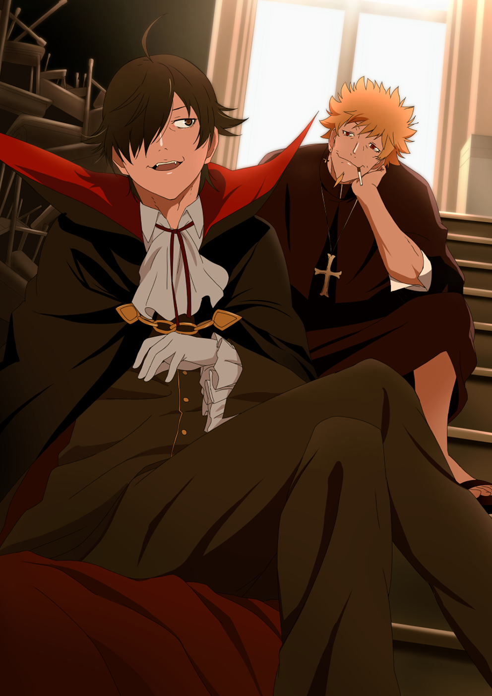 gesugesu ahoaho, araragi koyomi, oshino meme, monogatari (series), commentary, highres, 2boys, ahoge, beard, black cape, black hair, black jacket, black pants, blonde hair, brown eyes, brown robe, brown sandals, cape, chair, cigarette, classroom, closed mouth, cross, cross necklace, desk, facial hair, fangs, frilled sleeves, frills, gloves, goatee, hair over one eye, inverted cross, inverted cross earrings, jacket, jewelry, looking at another, looking back, multiple boys, necklace, on stairs, open mouth, pants, priest, red cape, red eyes, robe, sandals, school chair, school desk, sitting, smile, stairs, two-sided fabric, unlit cigarette in mouth, vampire, vampire costume, white gloves, window