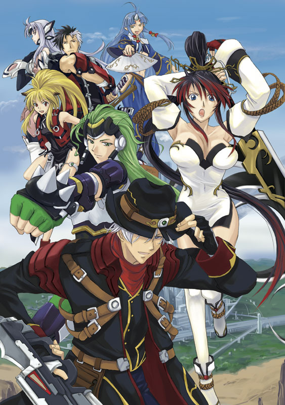 asou naruto, arisu reiji, aschen brodel, harken browning, kos-mos, kos-mos ver. 4, nanbu kaguya, suzuka hime, xiaomu, banpresto, original, super robot wars, super robot wars og saga mugen no frontier, uniform, 2boys, 4girls, ahoge, android, animal ears, armpits, belt, black hair, blonde hair, blue eyes, blue hair, breasts, china dress, chinese clothes, cleavage, clenched hand, cowboy, cowboy hat, cowboy western, detached sleeves, dress, elbow gloves, everyone, fingerless gloves, gauntlets, gloves, green eyes, green hair, gun, hair ornament, hand fan, hat, horns, huge weapon, katana, long hair, midriff, multicolored hair, multiple boys, multiple girls, ponytail, red eyes, single horn, sword, thighhighs, two-tone hair, vest, weapon, yellow eyes