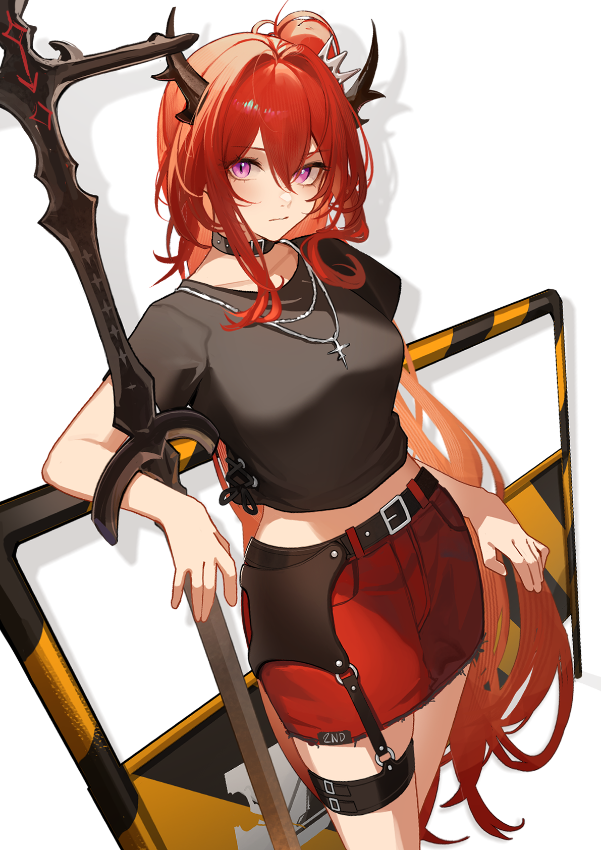 paszuto, surtr (arknights), arknights, highres, 1girl, belt, belt buckle, belt collar, black belt, black collar, black horns, black shirt, buckle, closed mouth, collar, colored inner hair, cowboy shot, cross, cross necklace, hair between eyes, hair intakes, horns, jewelry, long hair, looking at viewer, multicolored hair, necklace, o-ring, orange hair, purple eyes, red hair, red skirt, shirt, short sleeves, simple background, skirt, solo, standing, t-shirt, traffic barrier, two-tone hair, very long hair, white background