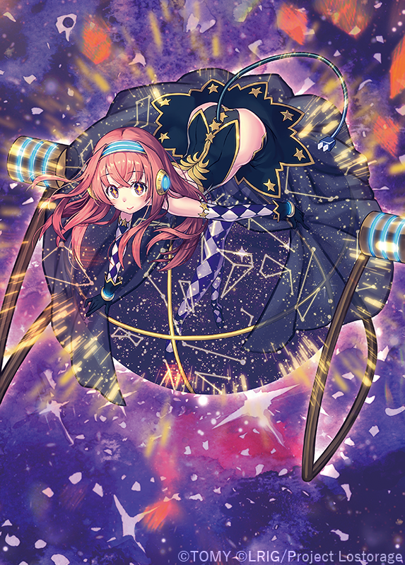 kutori pan'ya, wixoss, official art, + +, 1girl, ass, black gloves, black leotard, black skirt, blue headband, closed mouth, copyright notice, elbow gloves, electric plug, electric plug tail, gloves, headband, leotard, long hair, looking at viewer, orange eyes, orange hair, planetarium (wixoss), purple thighhighs, skirt, smile, solo, tail, thighhighs