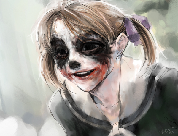 lver (artist), fukuzawa yumi, the joker, batman (series), dc comics, maria-sama ga miteru, the dark knight, bad id, bad pixiv id, 1girl, cosplay, creepy, crossover, female focus, hair ribbon, horror (theme), makeup, parody, ribbon, school uniform, serafuku, short twintails, solo, the joker (cosplay), twintails, what, why so serious