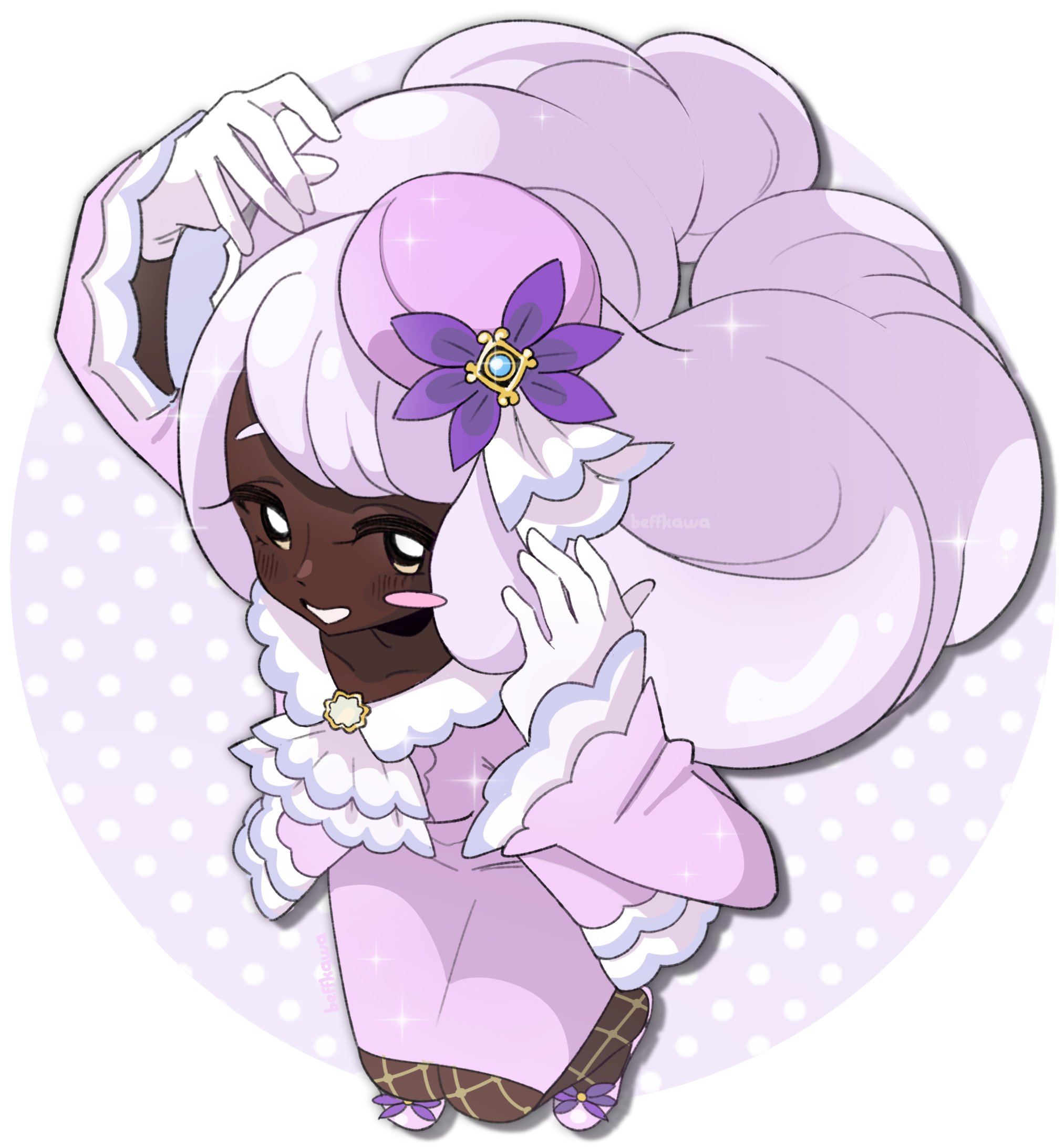 beffkawa, jacinthe (pokemon), nintendo, pokemon, pokemon legends: z-a, highres, 1girl, alternate eye color, arms up, ascot, blush stickers, brooch, brown eyes, dark-skinned female, dark skin, dress, fascinator, fishnet pantyhose, fishnets, frilled ascot, frills, from above, full body, gem, glint, gloves, hair ornament, jewelry, juliet sleeves, light blush, long hair, long sleeves, looking at viewer, looking up, no sclera, pantyhose, pencil dress, puffy sleeves, purple dress, purple hair, solo, sparkle, very dark skin, white gloves
