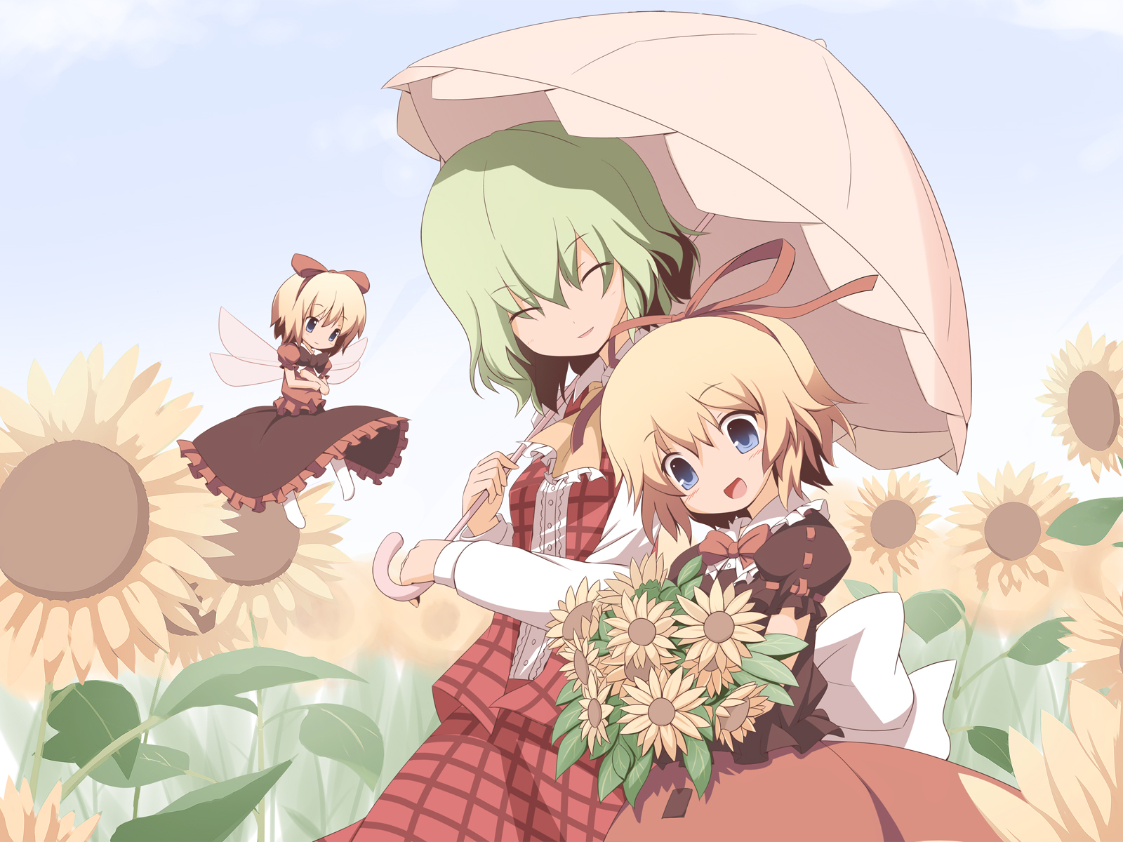 miko machi, kazami yuuka, medicine melancholy, su-san, touhou, highres, 3girls, ascot, blonde hair, blue eyes, closed eyes, female focus, flower, green hair, holding, holding flower, multiple girls, open mouth, plaid clothes, plaid skirt, plaid vest, short hair, skirt, skirt set, smile, sunflower, umbrella, vest, walking