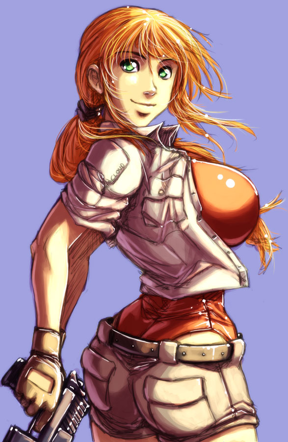 daniel fielding, dr cloud, backboob, belt, breasts, brown hair, from behind, gloves, green eyes, gun, huge breasts, jacket, large breasts, leotard, looking back, orange hair, ponytail, shorts, sideboob, smile, solo, weapon