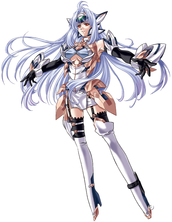 kouno sachiko, kos-mos, kos-mos ver. 4, banpresto, super robot wars, super robot wars og saga mugen no frontier, xenosaga, xenosaga episode iii, looking away, official art, 00s, 1girl, android, antenna hair, armor, armpits, black gloves, blue hair, boots, breasts, cleavage, cleavage cutout, clothing cutout, dress, elbow gloves, female focus, full body, garter straps, gloves, helmet, high heel boots, high heels, large breasts, long hair, no bra, outstretched arms, red eyes, shoes, short dress, sidelocks, simple background, smile, solo, spread arms, thigh boots, thighhighs, turtleneck, underboob, very long hair, watermark, white thighhighs, zettai ryouiki