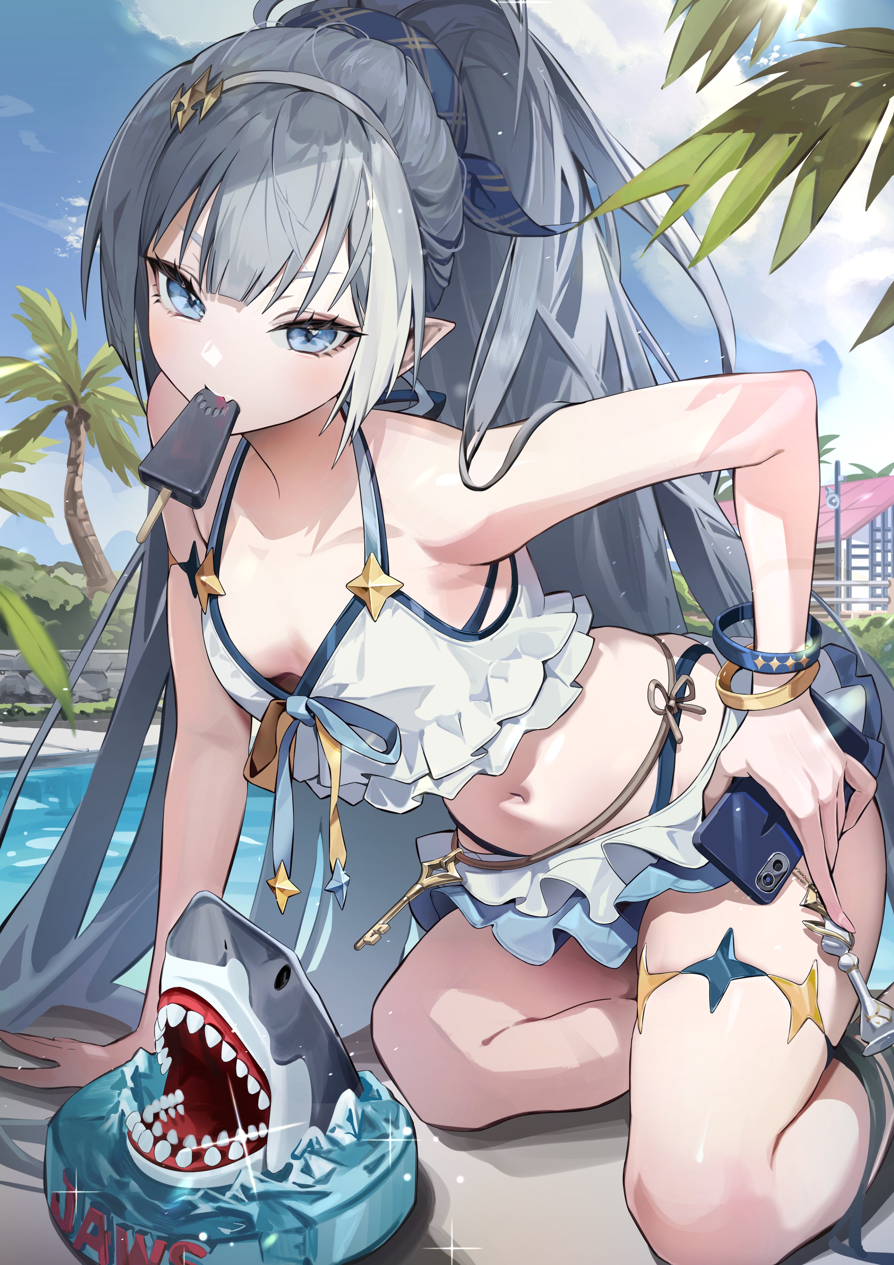 qure (qxfixh), female tyrant (stella sora), tyrant (stella sora), stella sora, absurdres, highres, 1girl, bare shoulders, bikini, bikini skirt, biting, blue eyes, blue ribbon, breasts, cellphone, charm (object), chess piece, extra pupils, fang, food, food in mouth, frilled bikini, frilled skirt, frills, grey hair, hair ornament, hair ribbon, hairband, high ponytail, holding, holding phone, key, mouth hold, official alternate costume, phone, pointy ears, ponytail, ribbon, skin fang, skirt, small breasts, smartphone, solo, swimsuit, white bikini, white hairband, wristband