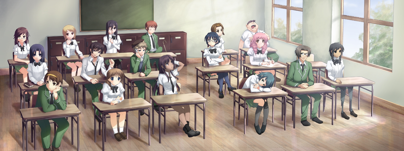 arai taro, hakamichi shizune, hayashi akio, ikezawa hanako, inoue naomi (katawa shoujo), kawana misaki, komaki ikuno, lelouch vi britannia, lezard valeth, maeda takashi, mikado shiina, miura miki, molly kapur, ooe natsume, suzuki suzu, suzumiya haruhiko, tainaka ritsu, katawa shoujo, game cg, highres, 10s, 6+boys, 6+girls, amputee, bandages, blonde hair, blue eyes, brown hair, cameo, cane, classroom, closed eyes, crossover, dark skin, drill hair, glasses, hat, headband, long hair, multiple boys, multiple girls, necktie, prosthesis, prosthetic leg, purple eyes, purple hair, red eyes, ribbon, scar, school, school uniform, short hair