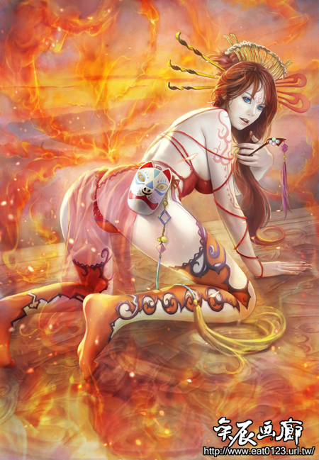 eat, eat0123, mozilla firefox, 1girl, ass, back, barefoot, blue eyes, bodypaint, breasts, feet, female focus, fingernails, fire, hair ornament, legs, lips, long hair, looking back, mask, nail (hardware), panties, red hair, soles, solo, underwear, very long hair