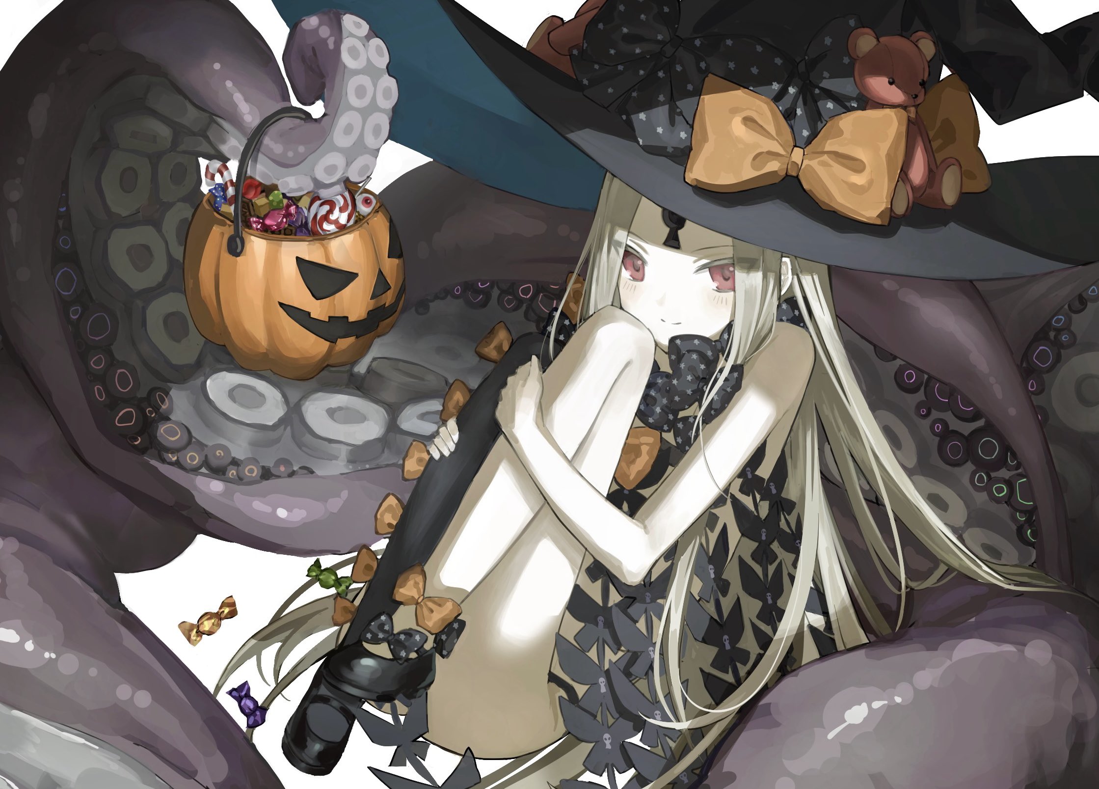 abigail williams (fate), abigail williams (second ascension) (fate), fate/grand order, fate (series), commentary, highres, symbol-only commentary, 1girl, bare shoulders, black bow, black hat, black pantyhose, black shoes, blonde hair, blush, bow, butterfly ornament, candy, candy cane, closed mouth, fgolz7l, food, full body, halloween, halloween bucket, halloween costume, hat, hat bow, keyhole, lollipop, long hair, looking at viewer, multiple hat bows, octopus, orange bow, pantyhose, red eyes, shoes, simple background, single leg pantyhose, sitting, smile, solo, star (symbol), star print, stuffed animal, stuffed toy, swirl lollipop, teddy bear, tentacles, very long hair, white background, witch hat