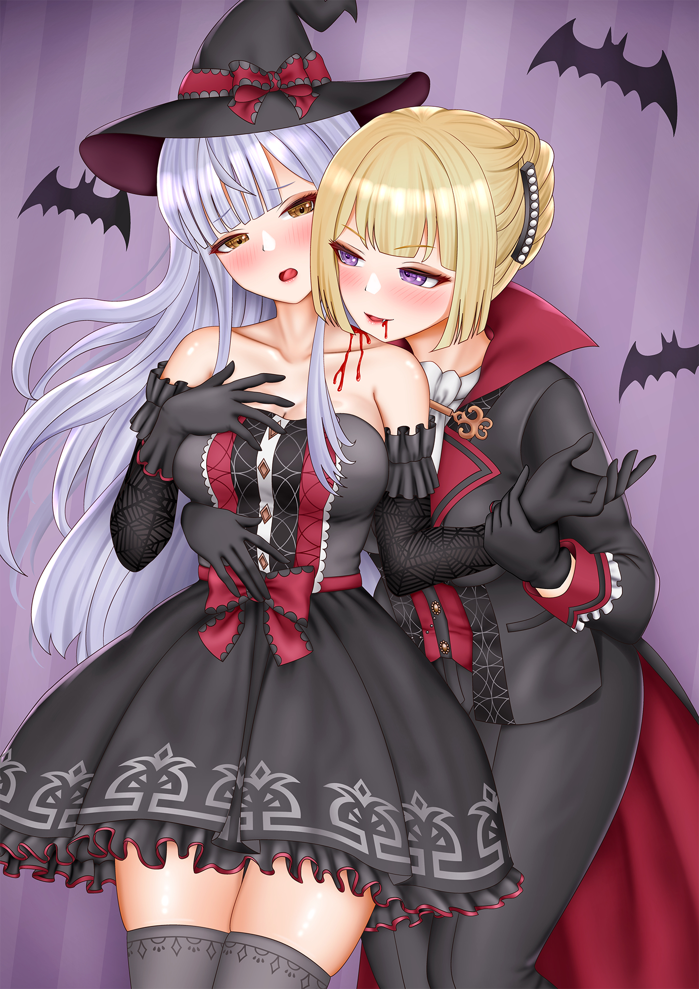 imai tomohiro, kon kanaho, miyagawa takane, assault lily, commentary, highres, 2girls, arm around waist, ascot, bare shoulders, bat (animal), behind another, black cape, black dress, black gloves, black hat, black jacket, black pants, black thighhighs, blood, blood in mouth, blood on neck, blunt bangs, blush, bow, breasts, cape, cleavage, collarbone, cowboy shot, dress, dress bow, fang, frilled dress, frilled gloves, frilled sleeves, frills, gloves, grey hair, hair ornament, half-closed eyes, halloween, hand on another's stomach, hand on own chest, hat, heads together, holding another's wrist, jacket, large breasts, leaning forward, long hair, looking at another, looking at viewer, looking to the side, multiple girls, mystical high collar, official alternate costume, official alternate hairstyle, open mouth, pants, parted lips, print sleeves, purple background, purple eyes, red bow, red cape, short hair, sidelocks, sideways glance, sleeve garter, spider web print, standing, strapless, strapless dress, striped background, thighhighs, two-sided cape, two-sided fabric, v-shaped eyebrows, vampire, vertical-striped background, very long hair, white ascot, witch hat, yellow eyes, yuri, zettai ryouiki