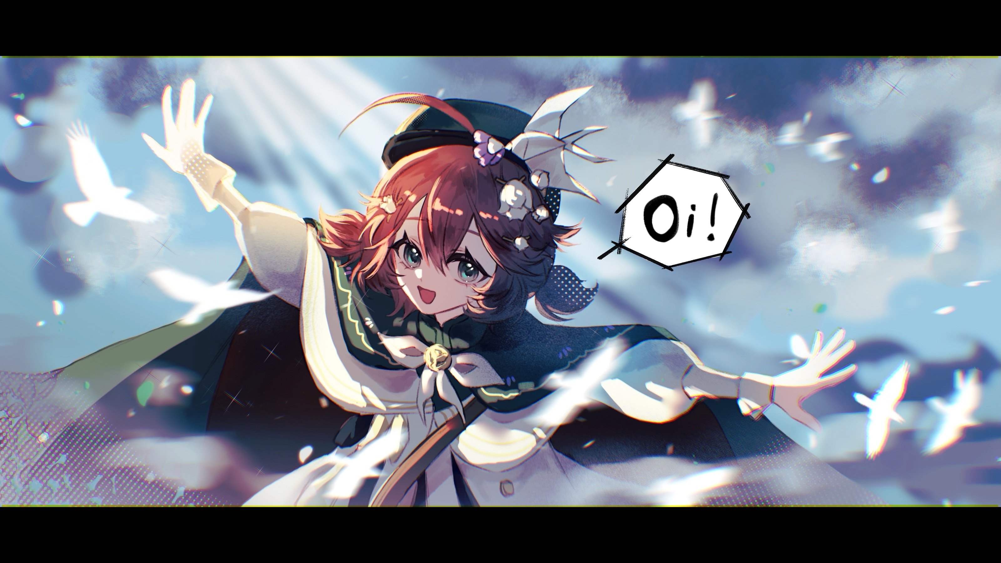 chilizi, flutterpage, flutterpage (gently comes the thawing breeze), reverse:1999, absurdres, highres, !, 1girl, :d, bird, bird hair ornament, black cape, black hat, blue eyes, blue sky, bow, bowtie, brown hair, cape, chromatic aberration, cloud, coat, dress, english text, flower, hair between eyes, hair flower, hair ornament, hat, letterboxed, lily of the valley, official alternate costume, open mouth, origami, outstretched arms, paper crane, short hair, short twintails, sky, smile, solo, speech bubble, spread arms, sunlight, twintails, upper body, white bird, white bow, white bowtie, white coat, white dress, white flower