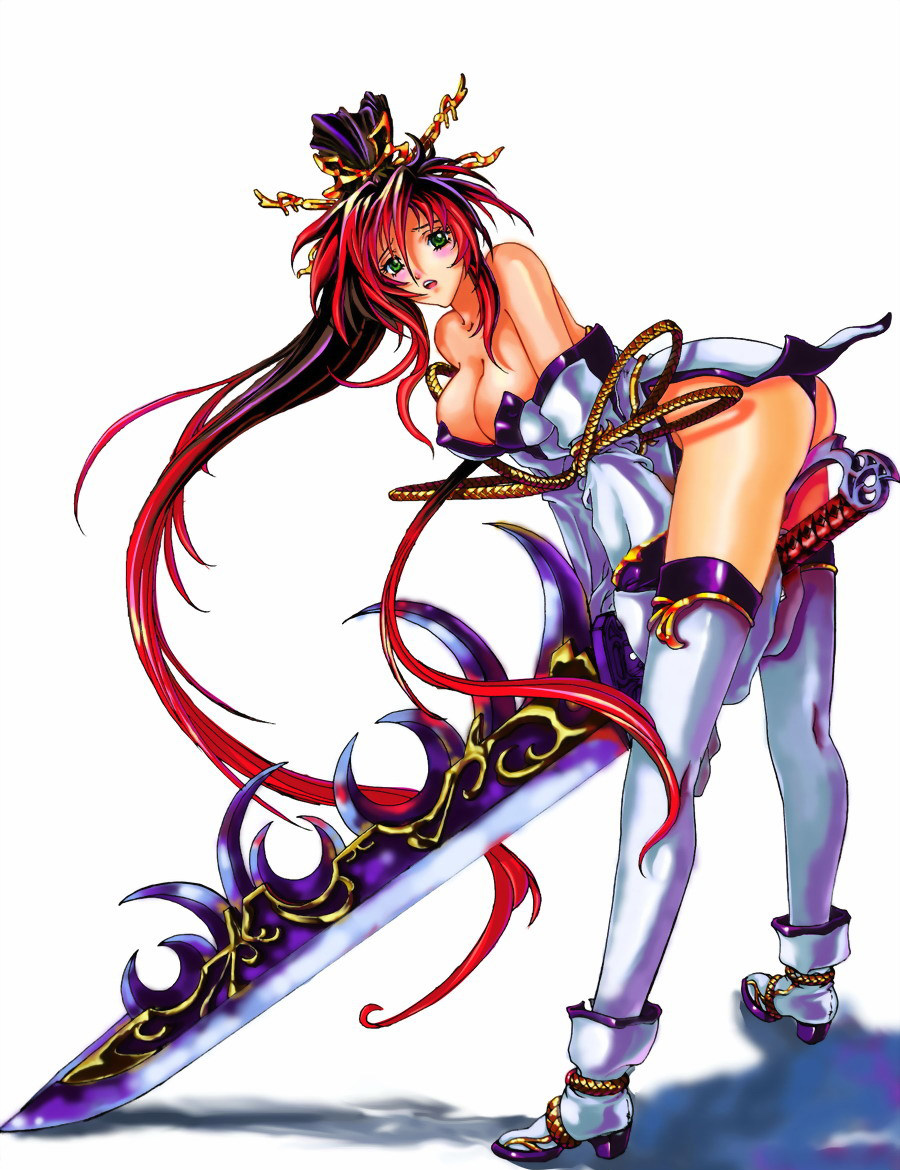 jian huang, nanbu kaguya, banpresto, super robot wars, super robot wars og saga mugen no frontier, 1girl, ass, bare shoulders, between thighs, black hair, blush, breasts, cleavage, covered erect nipples, detached sleeves, dress, female focus, green eyes, hair ornament, high heels, huge weapon, large breasts, legs, long hair, long legs, multicolored hair, panties, ponytail, red hair, shadow, shoes, solo, strapless, strapless dress, sword, thighhighs, thighs, two-tone hair, underwear, weapon, white thighhighs