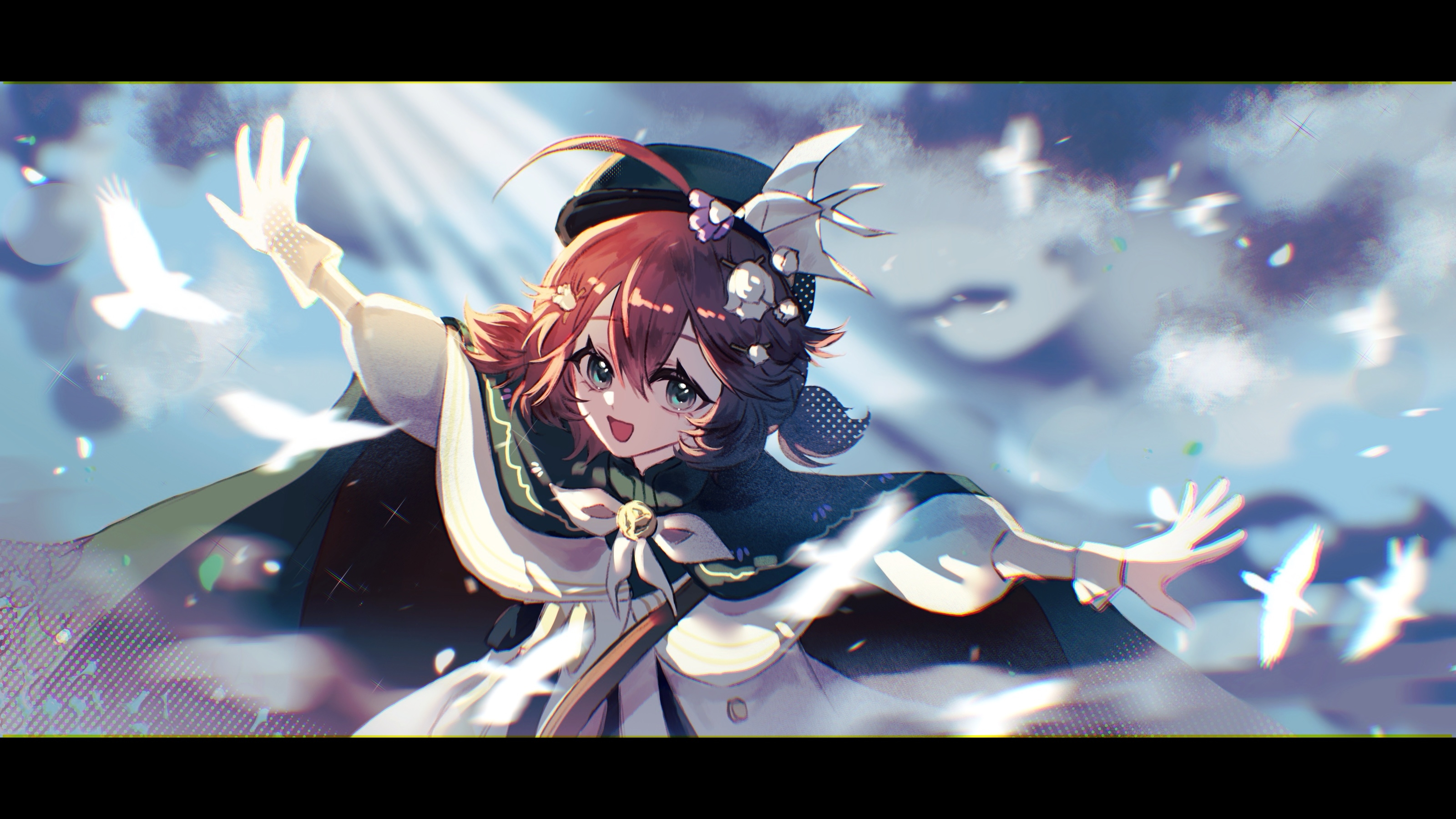 chilizi, flutterpage, flutterpage (gently comes the thawing breeze), reverse:1999, absurdres, highres, 1girl, :d, bird, bird hair ornament, black cape, black hat, blue eyes, blue sky, bow, bowtie, brown hair, cape, chromatic aberration, cloud, coat, dress, flower, hair between eyes, hair flower, hair ornament, hat, letterboxed, lily of the valley, official alternate costume, open mouth, origami, outstretched arms, paper crane, short hair, short twintails, sky, smile, solo, spread arms, sunlight, twintails, upper body, white bird, white bow, white bowtie, white coat, white dress, white flower