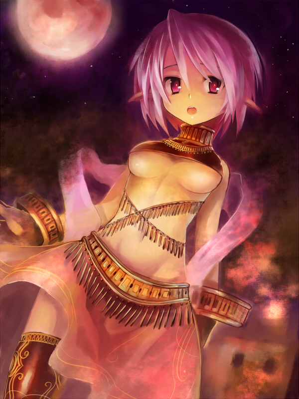 edobox, artemisia (pixiv fantasia), pixiv fantasia, pixiv fantasia 2, 1girl, arabian clothes, breasts, dancer, elf, female focus, midriff, moon, night, pointy ears, purple eyes, purple hair, shawl, short hair, skirt, solo, star (symbol), thighhighs, underboob