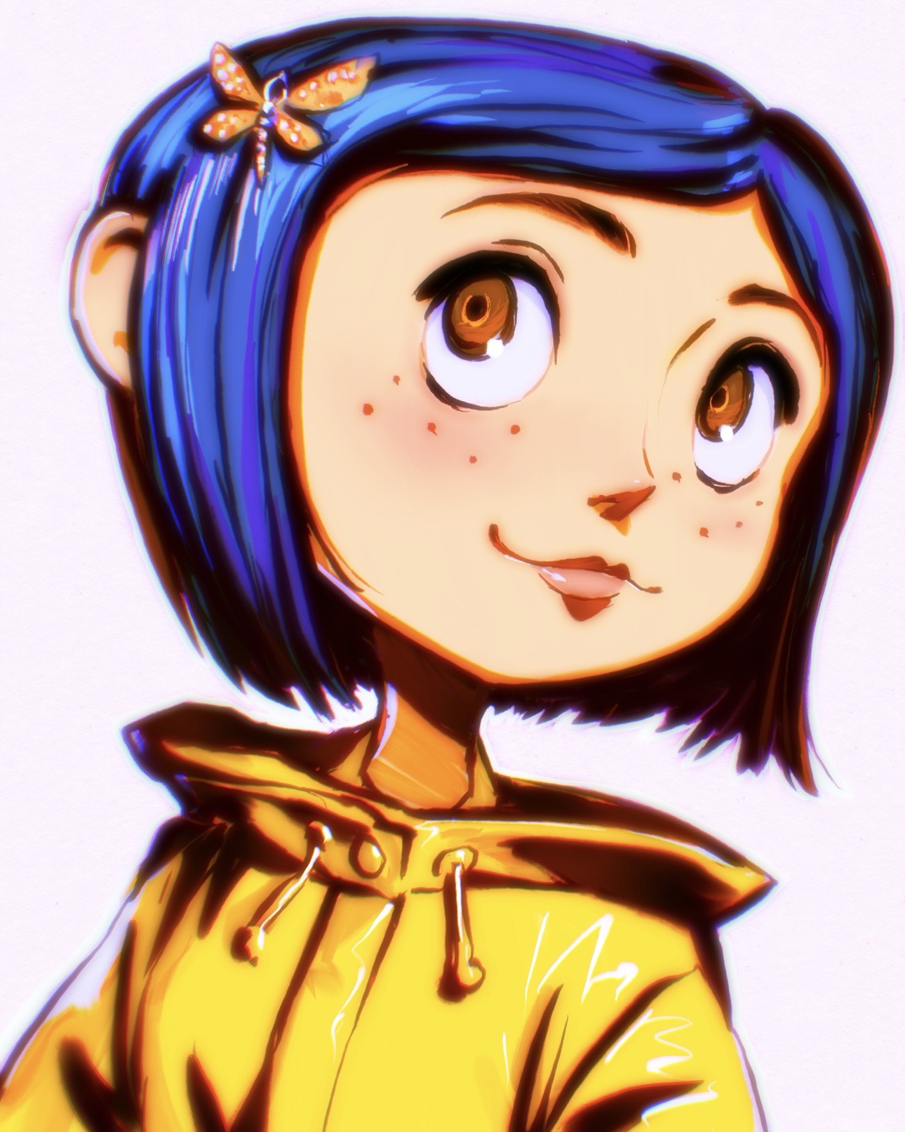 ilya kuvshinov, coraline, coraline jones, commentary, english commentary, highres, 1girl, blue hair, bob cut, brown eyes, close-up, closed mouth, dragonfly hair ornament, freckles, jacket, light smile, pink lips, portrait, raincoat, short hair, smile, smirk, solo, turning head, upturned eyes, white background, yellow jacket, yellow raincoat