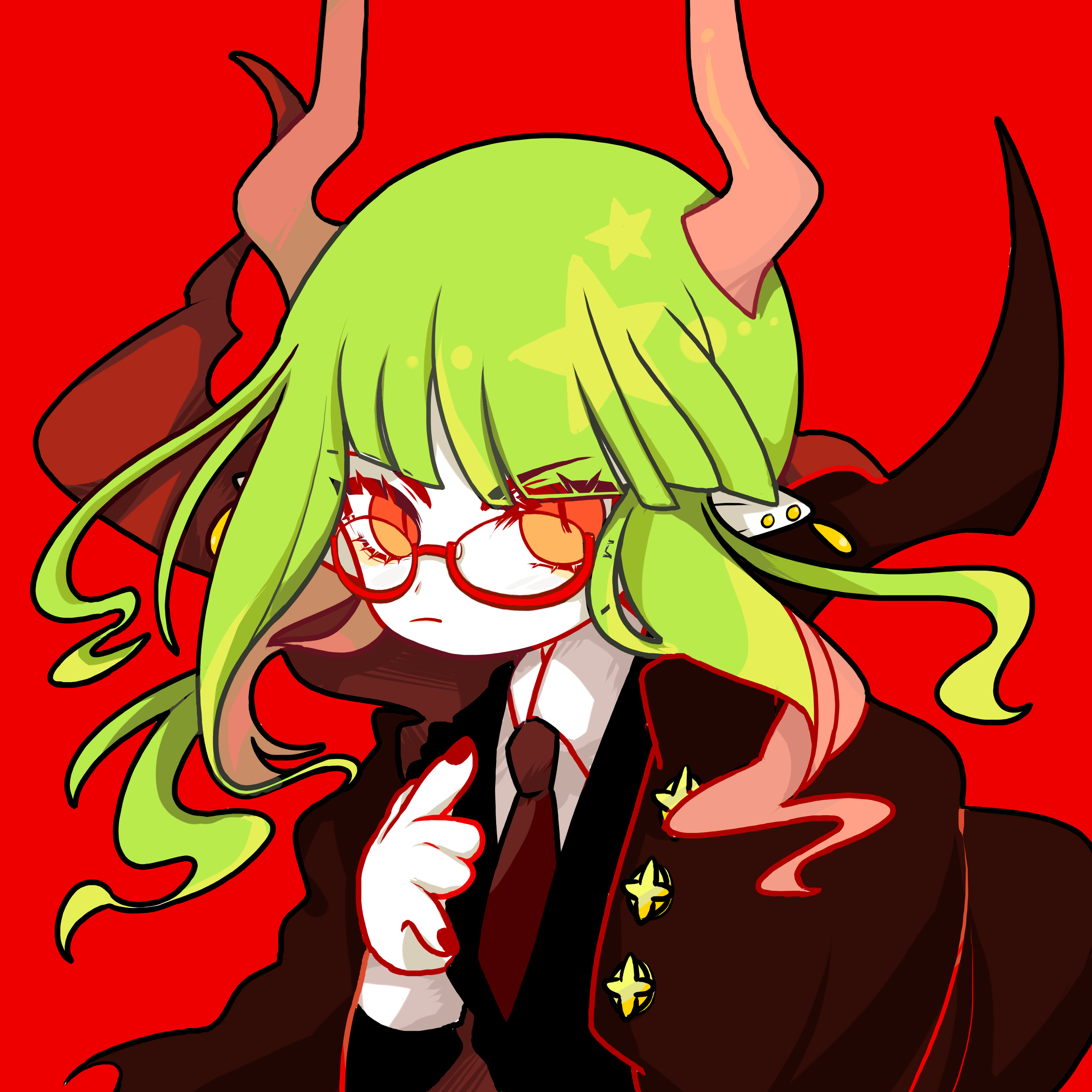 akhssm-br, yosaflame (funamusea), funamusea, haiiro teien, absurdres, highres, 1boy, black suit, demon boy, demon horns, formal clothes, green hair, horns, long sidelocks, looking at viewer, red eyes, short hair with long locks, sidelocks, slit pupils, solo, suit