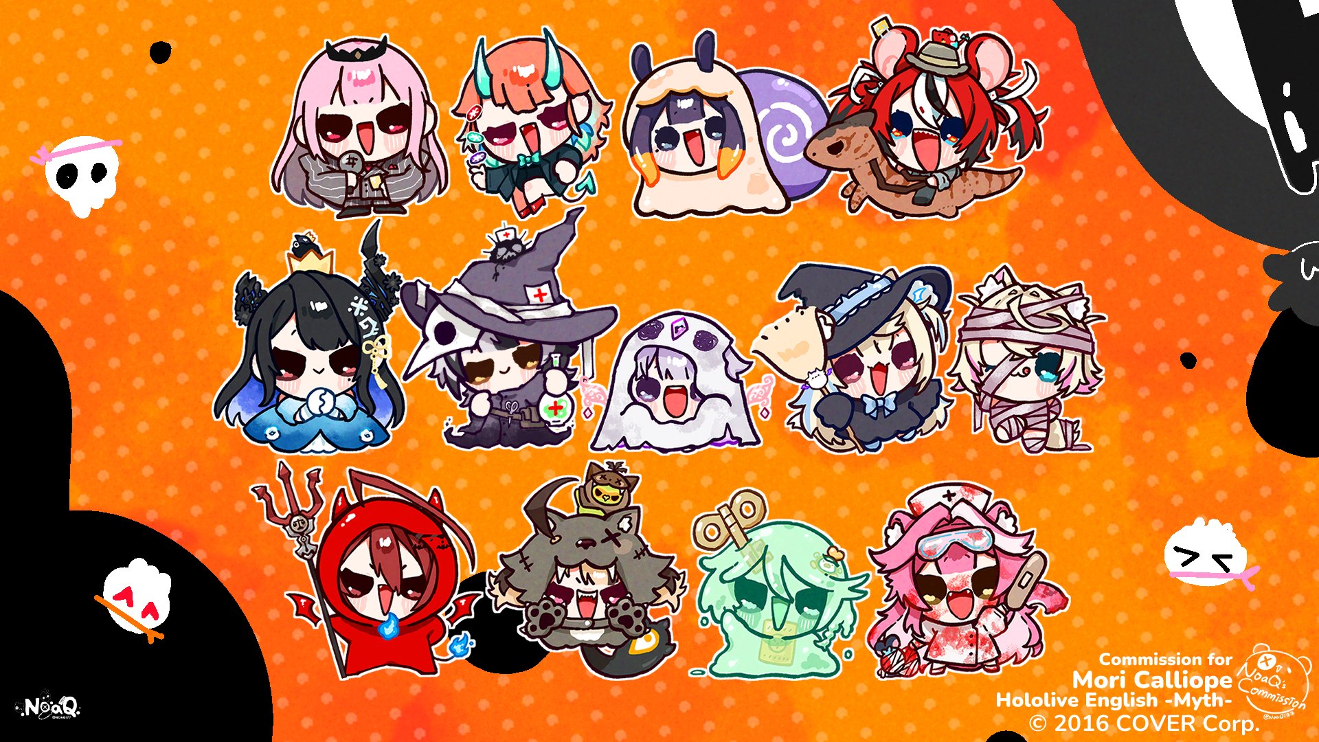 noaqi77, elizabeth rose bloodflame, fuwawa abyssgard, gigi murin, hakos baelz, koseki bijou, mococo abyssgard, mori calliope, nerissa ravencroft, ninomae ina'nis, raora panthera, shiori novella, takanashi kiara, hololive, hololive english, commentary, commission, english commentary, highres, official art, 6+girls, :>, :3, :d, animal ear fluff, animal ears, artist name, bandaid, black hair, blonde hair, blood, blood on clothes, blood on face, blue dress, chibi, copyright notice, cosplay, crown, demon costume, dog ears, dog tail, dress, family feud, formal clothes, ghost costume, goggles, goggles on head, green eyes, green horns, grey suit, hat, holding, holding microphone, horns, licking lips, looking at viewer, microphone, monster girl, multiple girls, mummy costume, nurse, nurse cap, open mouth, orange background, orange hair, pink hair, pinstripe pattern, pinstripe suit, plague doctor mask, polearm, princess, purple hair, red eyes, red hair, slime girl, slug costume, smile, steve harvey, steve harvey (cosplay), suit, tail, tiara, tongue, tongue out, trident, twintails, virtual youtuber, weapon, white hair, white hat, winding key, witch, witch hat, yellow eyes