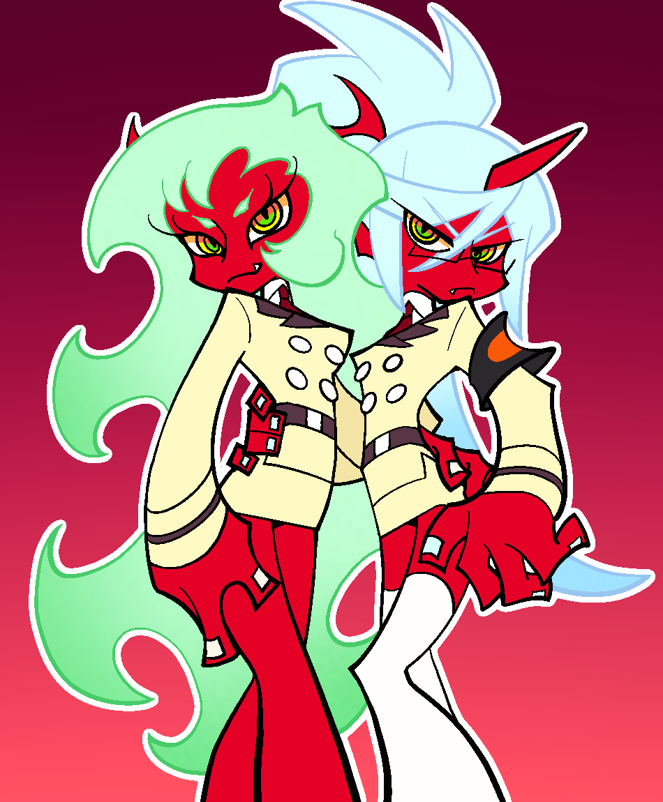 kneesocks (psg), scanty (psg), panty & stocking with garterbelt, 2girls, blue hair, breasts, colored skin, demon girl, demon horns, green hair, gun, horns, large breasts, long hair, medium breasts, multiple girls, quminghaomafan893, red skin, school uniform, scythe, weapon