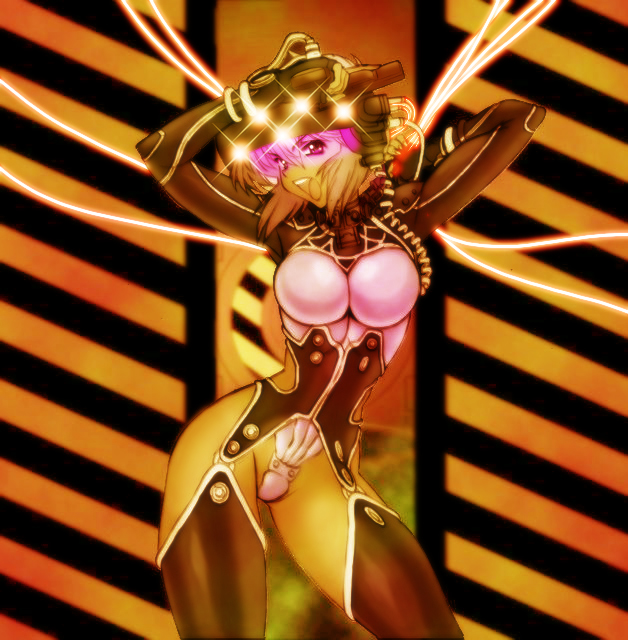 rf400rv, kusanagi motoko, ghost in the shell, visor, 1girl, bodysuit, breasts, female focus, gun, helmet, large breasts, open mouth, solo, thighhighs, weapon