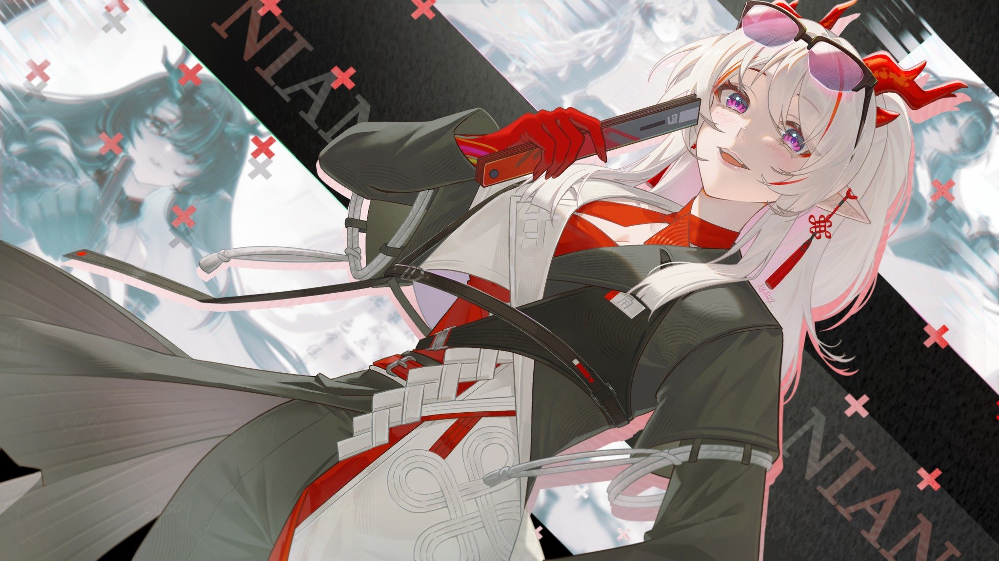 sy509, dusk (arknights), nian (arknights), nian (thunderbolt director) (arknights), shu (arknights), arknights, annotated, commentary, highres, symbol-only commentary, 1girl, breasts, cleavage, cleavage cutout, clothing cutout, colored extremities, dragon girl, dragon horns, drop shadow, earrings, eyewear on head, glasses, hand fan, holding, holding fan, horns, jewelry, long hair, long sleeves, looking at viewer, multicolored hair, official alternate costume, open mouth, over-rim eyewear, pink-tinted eyewear, pointy ears, purple eyes, red hair, semi-rimless eyewear, small breasts, smile, solo, streaked hair, tassel, tassel earrings, tinted eyewear, white hair