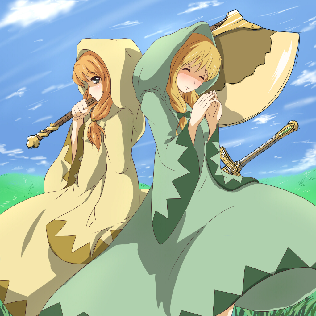 mako (pixiv), white mage (fft), white mage (final fantasy), final fantasy, final fantasy tactics, final fantasy tactics: hakuma doushi shibari, white mage, 2girls, alternate color, axe, blonde hair, braid, day, field, hood, multiple girls, robe, sky, sword, twin braids, weapon