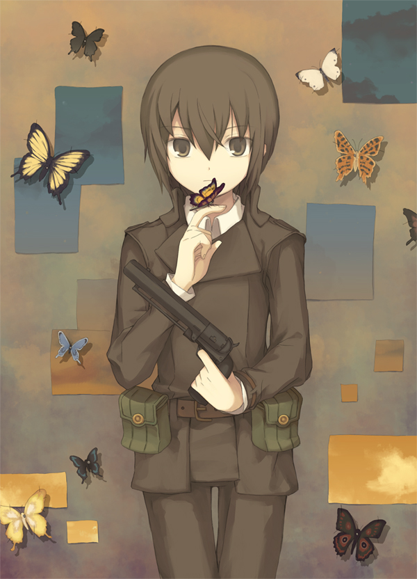 moai (aoh), kino (kino no tabi), kino no tabi, bad id, bad pixiv id, 00s, 1girl, androgynous, brown eyes, brown hair, bug, butterfly, cowboy shot, female focus, gun, hair between eyes, handgun, hat, insect, looking at viewer, reverse trap, revolver, short hair, solo, weapon