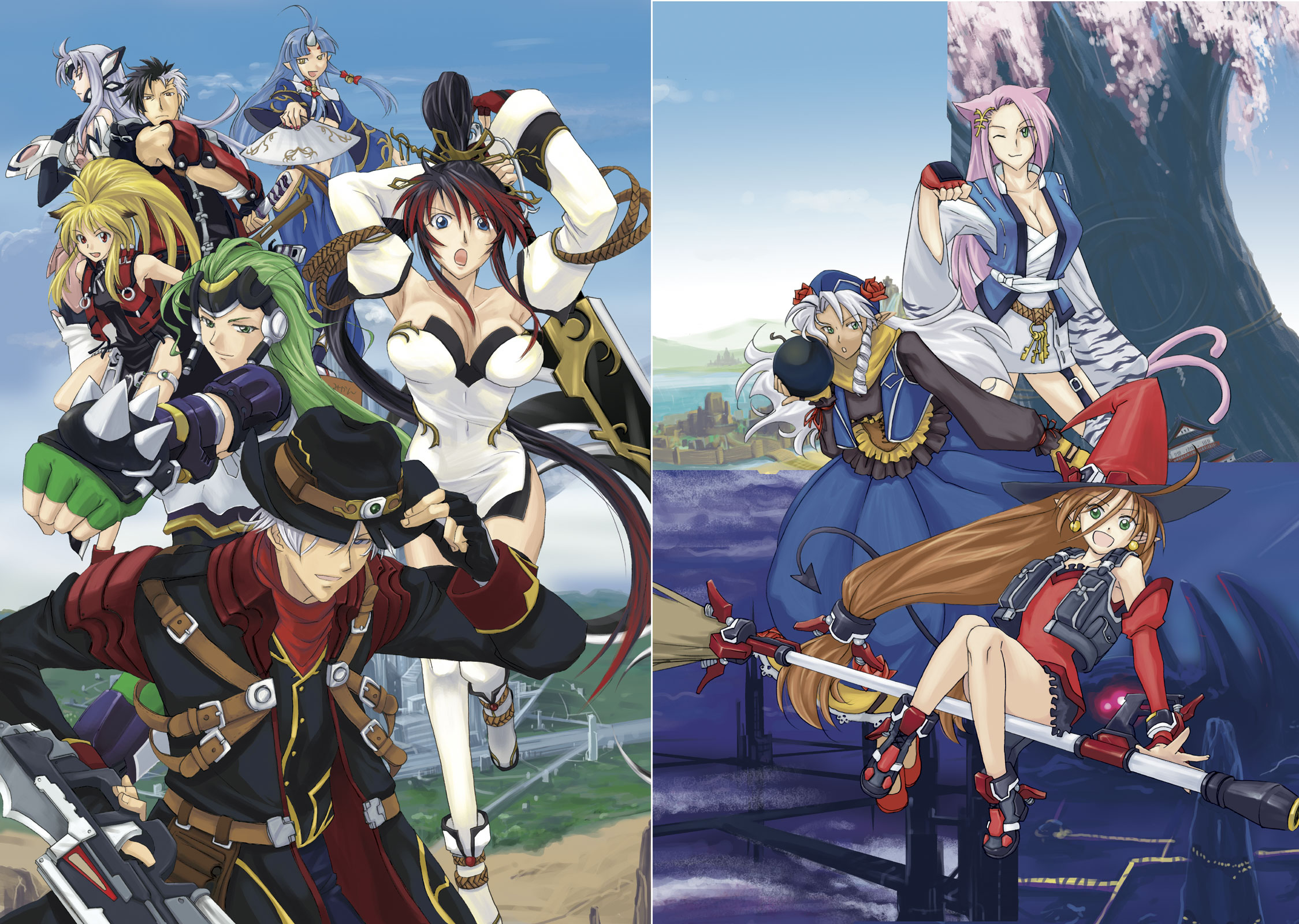 asou naruto, arisu reiji, aschen brodel, dorothy mistral, harken browning, koma (srw), kos-mos, kos-mos ver. 4, kyon feulion, nanbu kaguya, suzuka hime, xiaomu, banpresto, original, super robot wars, super robot wars og saga mugen no frontier, uniform, bad id, bad pixiv id, highres, 2boys, 6+girls, ahoge, android, animal ears, armpits, bandages, belt, black hair, blonde hair, blue eyes, blue hair, breasts, broom, broom riding, cat ears, china dress, chinese clothes, cleavage, clenched hand, cowboy, cowboy hat, cowboy western, detached sleeves, dress, drill hair, elbow gloves, everyone, fingerless gloves, garter belt, gauntlets, gloves, green eyes, green hair, gun, hair ornament, hand fan, hat, horns, huge weapon, katana, large breasts, long hair, midriff, multicolored hair, multiple boys, multiple girls, one eye closed, pink hair, pointy ears, ponytail, red eyes, sidesaddle, single horn, skirt, sword, thighhighs, two-tone hair, vest, weapon, wink, witch hat, yellow eyes