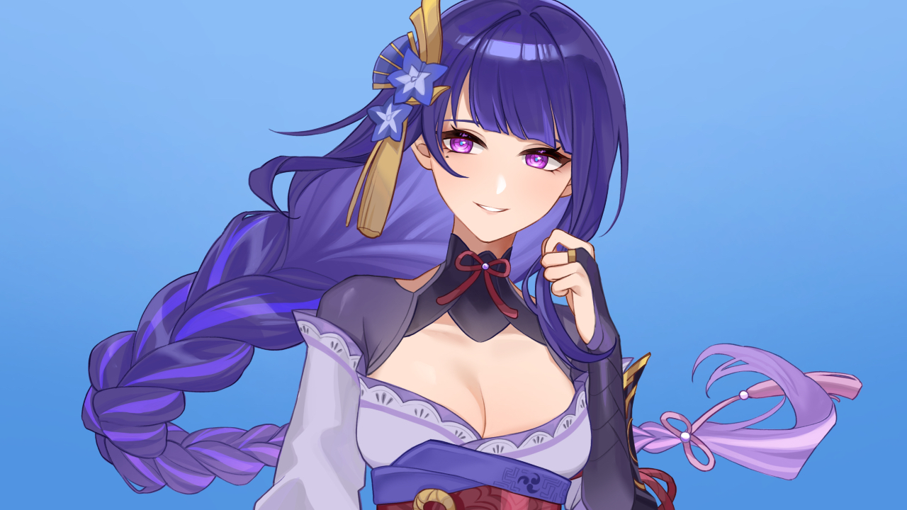raiden shogun, genshin impact, commentary request, 1girl, asymmetrical sleeves, blue background, blue pupils, blunt bangs, braid, breasts, bridal gauntlets, cleavage, clothing cutout, collarbone, fan hair ornament, flower, flower ornament, gradient background, gradient hair, hair ornament, hair ribbon, happy, head tilt, japanese clothes, kimono, large breasts, leaning to the side, long braid, looking at viewer, looking to the side, mole, mole under eye, momonga damon, multicolored eyes, multicolored hair, neck ribbon, off shoulder, parted bangs, pink lips, purple eyes, purple flower, purple kimono, purple ribbon, red ribbon, red sash, ribbon, sash, shade, shoulder cutout, simple background, single braid, smile, solo, standing, star (symbol), streaked hair, uneven sleeves, wide sleeves