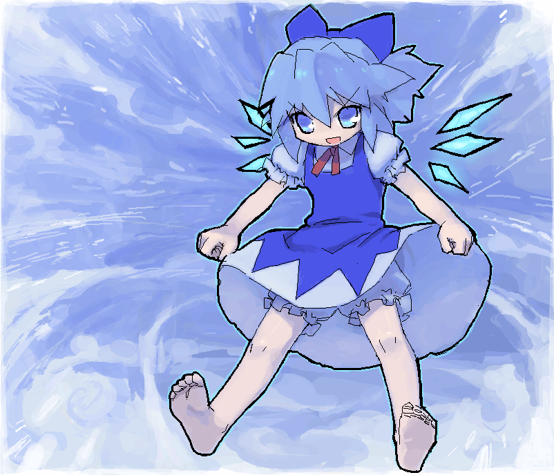 tonbi, cirno, embodiment of scarlet devil, touhou, bad id, bad pixiv id, 1girl, barefoot, bloomers, blue eyes, blue hair, dress, feet, female focus, full body, matching hair/eyes, ribbon, soles, solo, underwear, wings