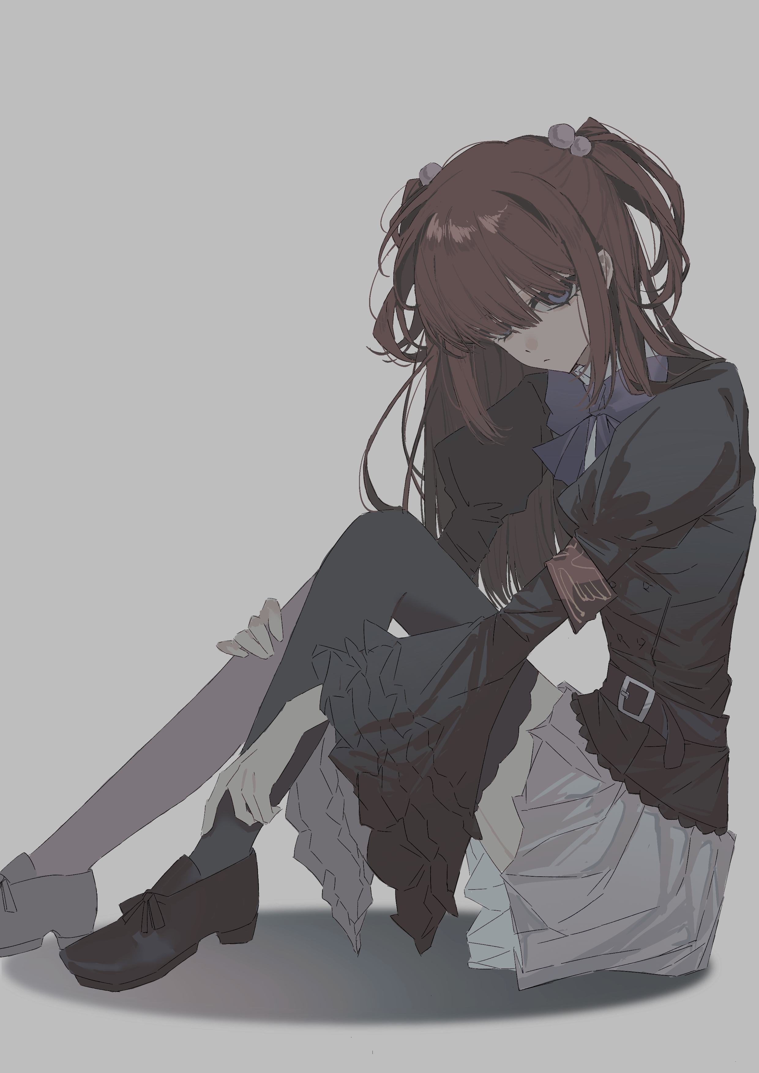 ushiromiya ange, umineko no naku koro ni, absurdres, highres, 1girl, armband, beads, belt, black belt, black jacket, black shoes, black thighhighs, blue eyes, bow, bowtie, expressionless, frilled sleeves, frills, hair beads, hair ornament, hair over one eye, half updo, head tilt, jacket, loafers, looking at viewer, muted color, puffy sleeves, purple bow, purple bowtie, red armband, red hair, shoes, sitting, skirt, solo, thighhighs, twintails, white skirt, wide sleeves, yibantongguochunyuan