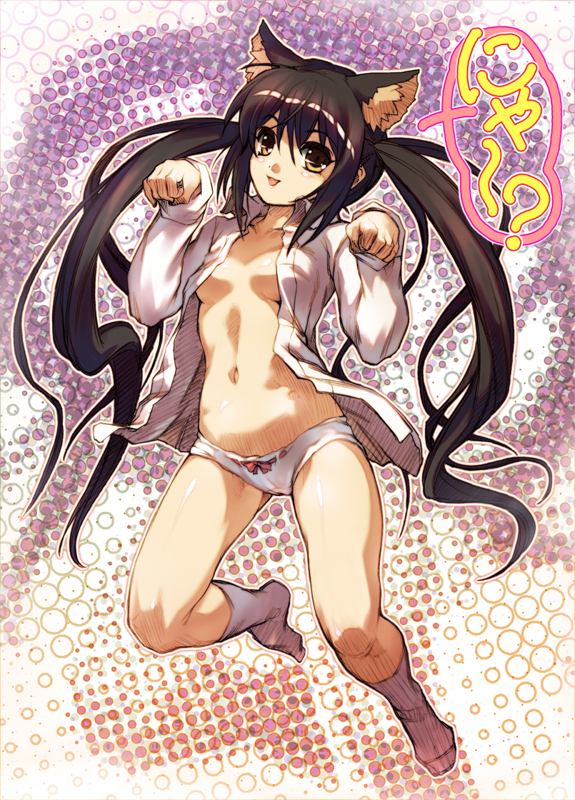 hisahiko, nakano azusa, k-on!, 00s, 1girl, animal ears, black hair, bottomless, breasts, brown hair, cat ears, cat girl, female focus, full body, long hair, no pants, open clothes, open shirt, panties, shirt, socks, solo, twintails, underwear, very long hair