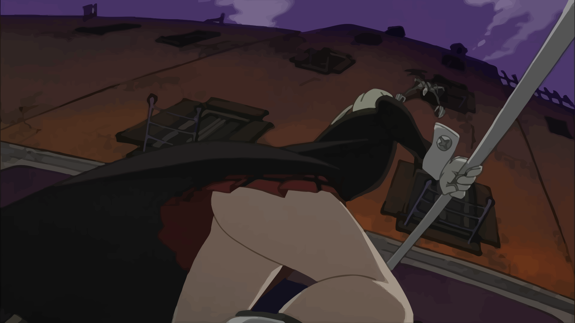 maka albarn, soul evans, soul eater, screencap, highres, 00s, ass, battle, blonde hair, gloves, huge ass, legs, long coat, miniskirt, no panties, scythe, skirt, solo, thick thighs, thighs, twintails, upskirt, weapon