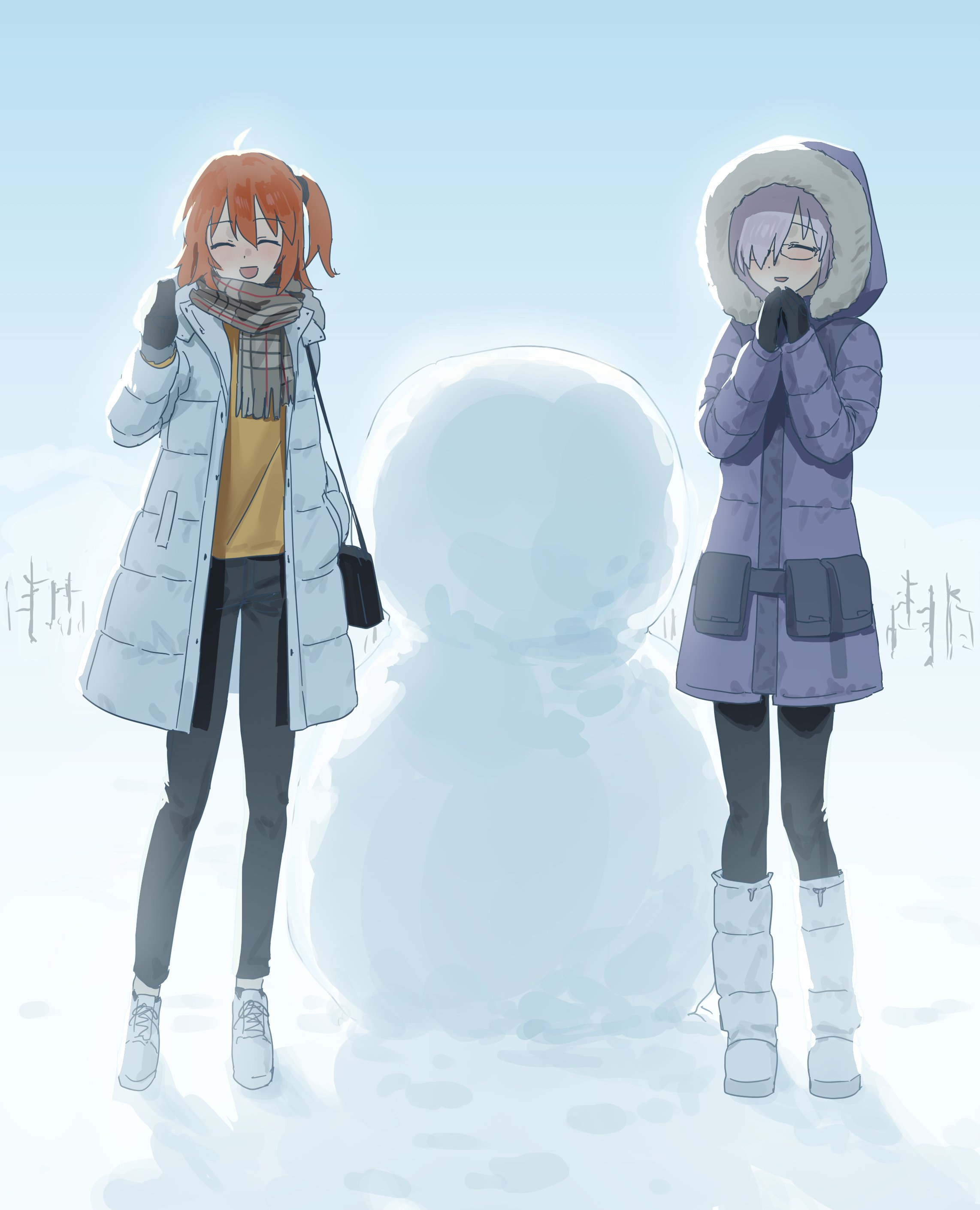 fujimaru ritsuka (female), mash kyrielight, fate/grand order, fate (series), absurdres, highres, 2girls, bare tree, belt, black-framed eyewear, black bag, black belt, black gloves, black pants, blue sky, blush, boots, closed eyes, coat, day, fgo gwa, full body, fur-trimmed hood, fur trim, glasses, gloves, grey scarf, hair between eyes, hair ornament, hair over one eye, hand in pocket, hand up, hands up, hood, hooded coat, lapels, long sleeves, multiple girls, open clothes, open coat, open mouth, orange hair, outdoors, pants, plaid clothes, plaid scarf, pocket, puffy long sleeves, puffy sleeves, purple coat, purple hair, scarf, shirt, shoes, short hair, side ponytail, sky, smile, snow, snowman, standing, tree, white boots, white coat, white shoes, winter, yellow shirt