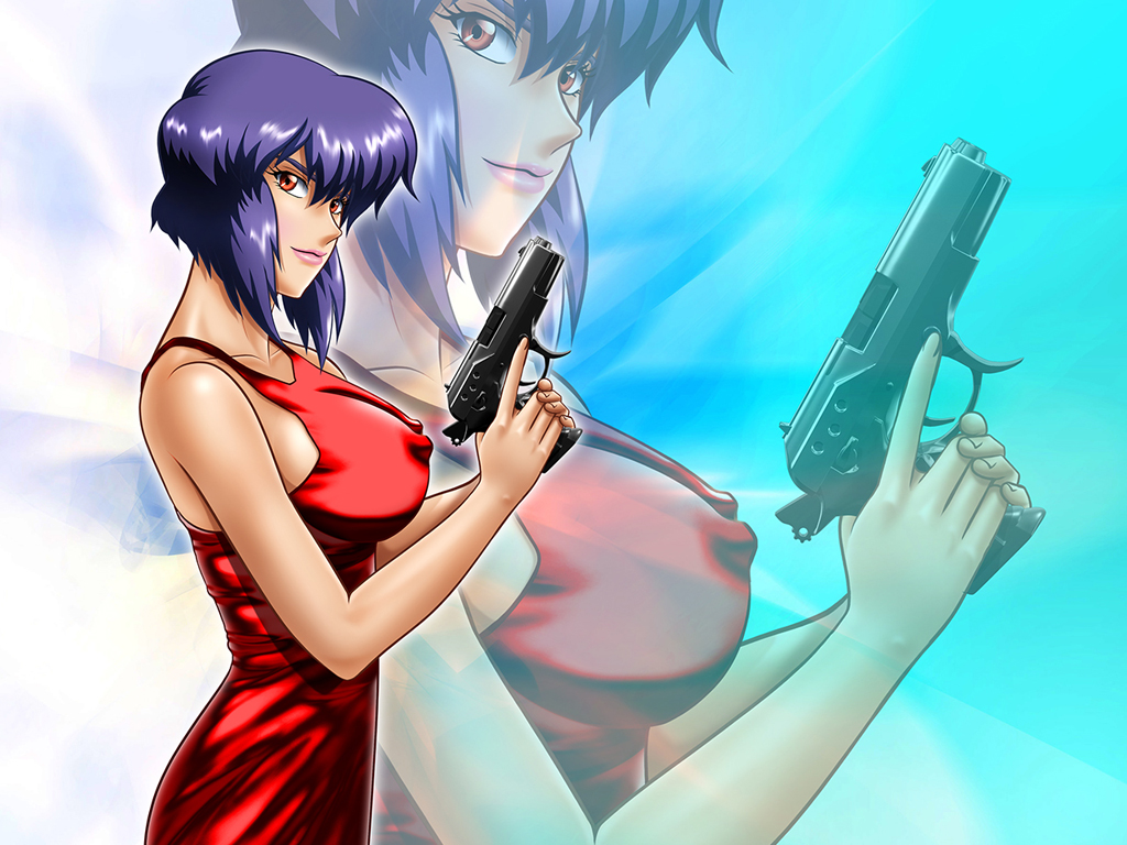 yuusuke (ziyasu), kusanagi motoko, ghost in the shell, ghost in the shell: stand alone complex, 00s, 1girl, bare shoulders, breasts, covered erect nipples, dress, female focus, gun, large breasts, lips, lipstick, makeup, purple hair, red eyes, short hair, solo, tomboy, weapon, zoom layer