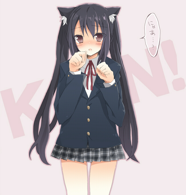 konno seara, nakano azusa, k-on!, bad id, bad pixiv id, translation request, 00s, 1girl, animal ears, black hair, blush, brown eyes, cat ears, cat girl, female focus, plaid clothes, plaid skirt, sakuragaoka high school uniform, school uniform, skirt, solo, standing, twintails