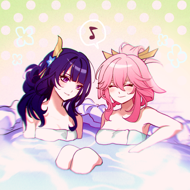 raiden shogun, yae miko, genshin impact, commentary request, 2boys, alternate hairstyle, bare shoulders, blue flower, blurry, blush, breasts, cleavage, closed eyes, closed mouth, couple, depth of field, flower, flower ornament, friends, gradient background, hair between eyes, hair ornament, hair up, headphones, headpiece, in water, light blush, light smile, looking to the side, mole, mole under eye, momonga damon, multicolored hair, multiple boys, musical note, naked towel, parted lips, pink hair, purple eyes, purple hair, sauna, shade, sitting, smile, spoken musical note, steaming body, streaked hair, towel, water, yuri